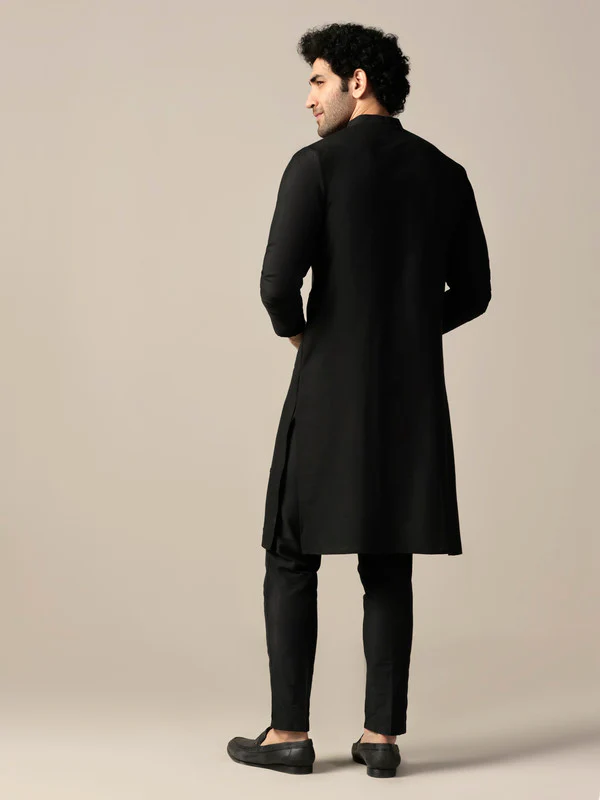 Black Silk Blend Mirror Work Kurta with Trouser - Image 4