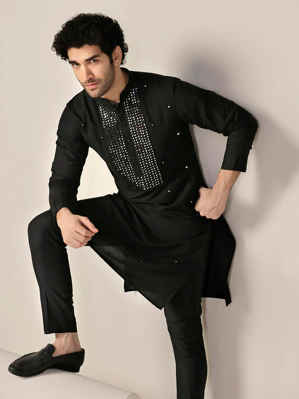 Black Silk Blend Mirror Work Kurta with Trouser - Image 6