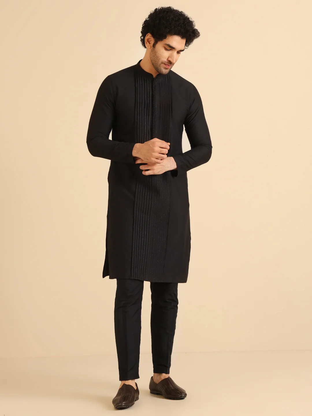 Black Cotton Silk Kurta Trouser Set Pintuck Detail Solid Ethnic Outfit Festive Wear