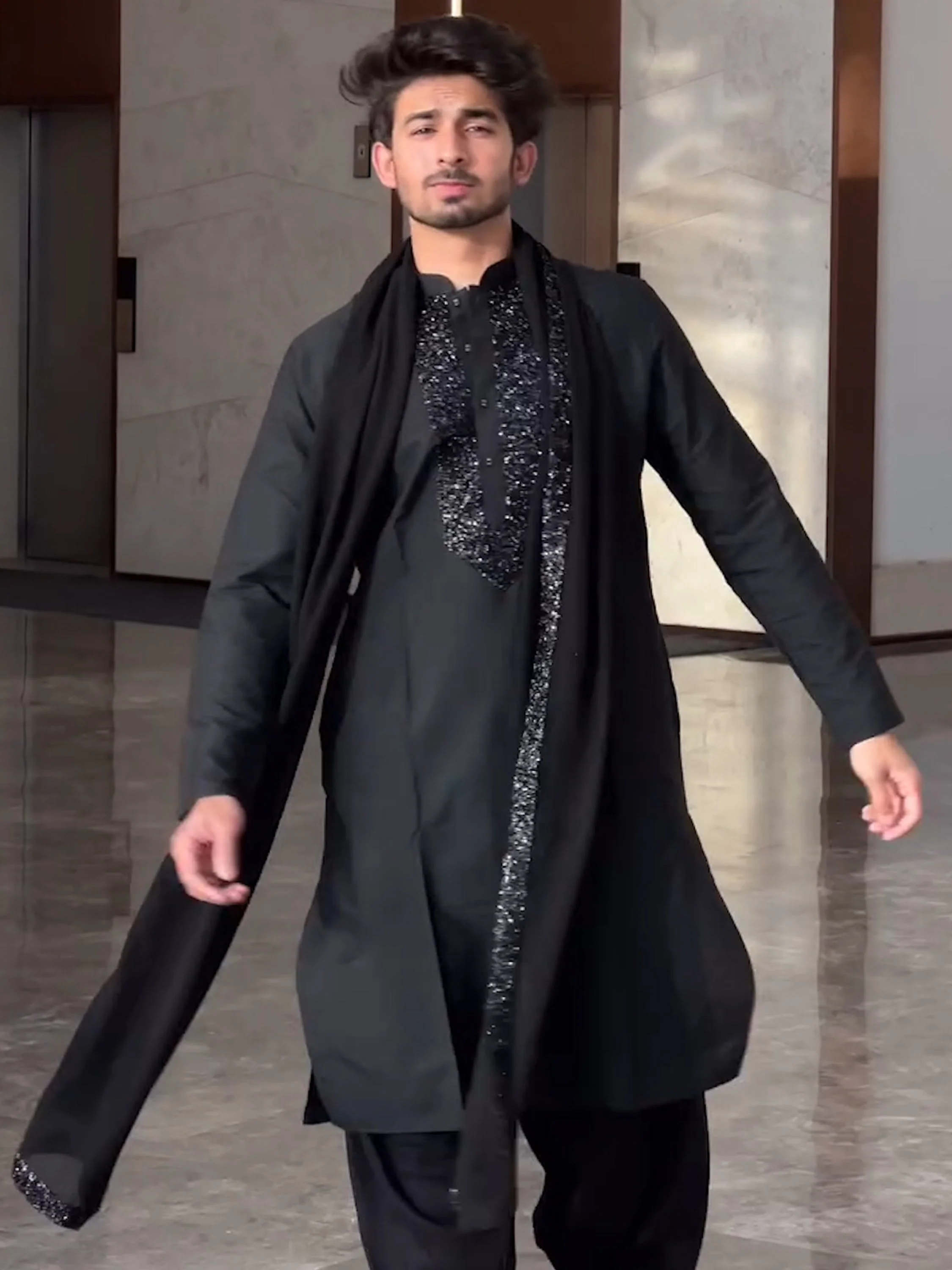 Black Silk Embroidered Kurta Trouser with Dupatta - Image 11