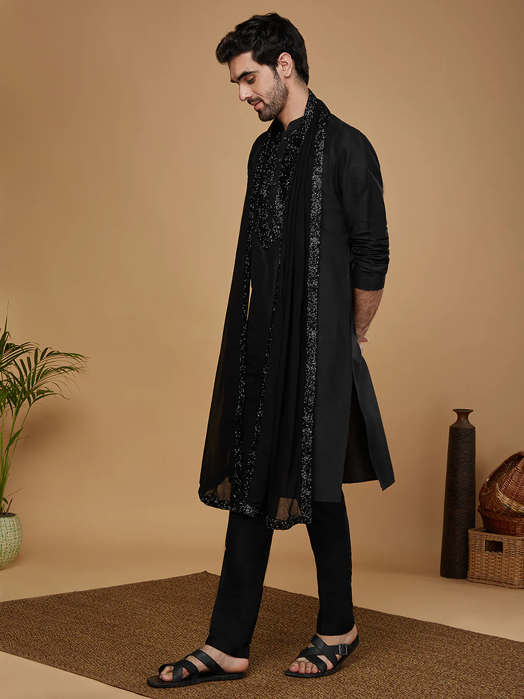 Black Silk Embroidered Kurta Trouser with Dupatta - Image 3