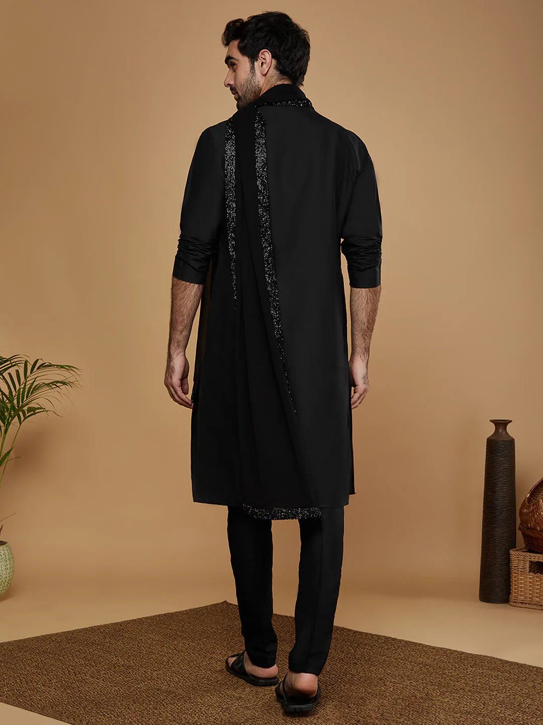 Black Silk Embroidered Kurta Trouser with Dupatta - Image 4