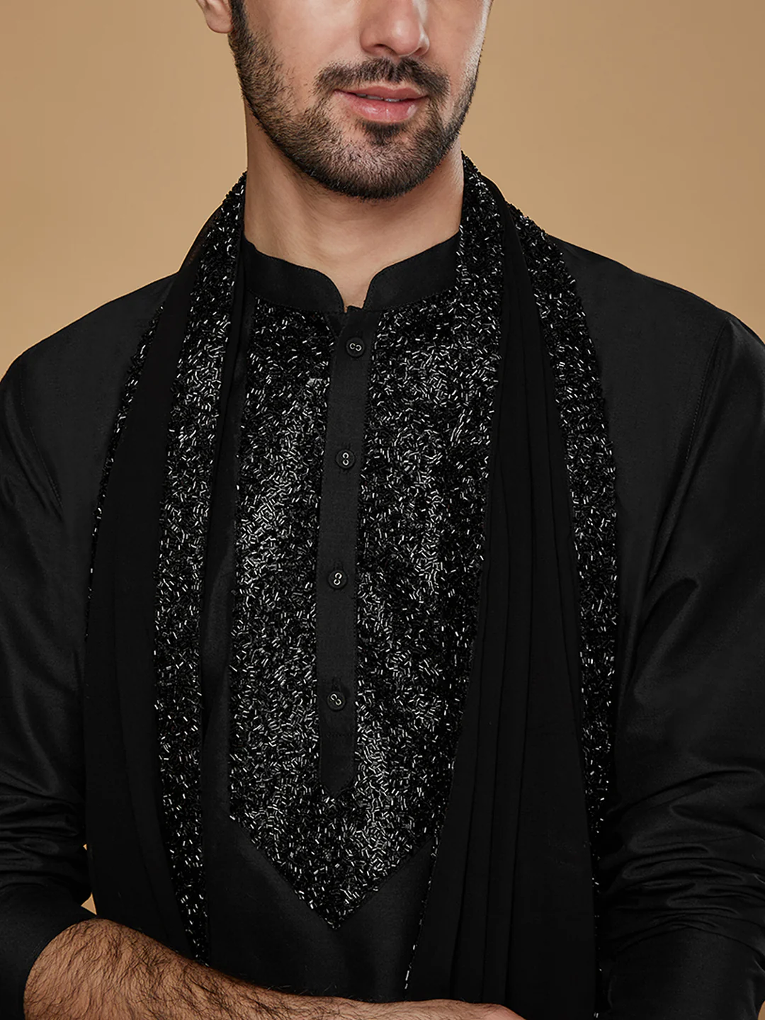 Black Silk Embroidered Kurta Trouser with Dupatta - Image 5