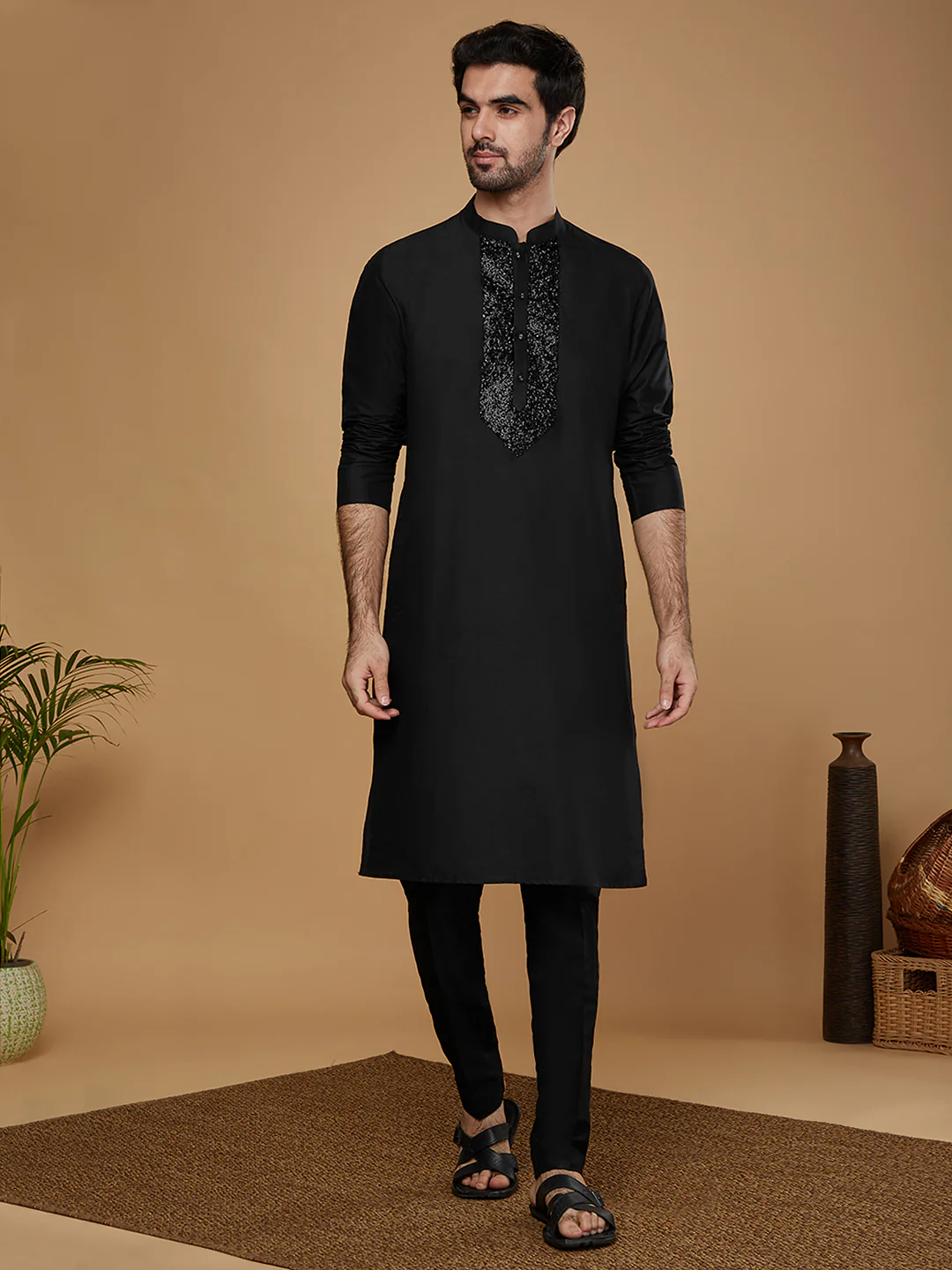 Black Silk Embroidered Kurta Trouser with Dupatta - Image 7