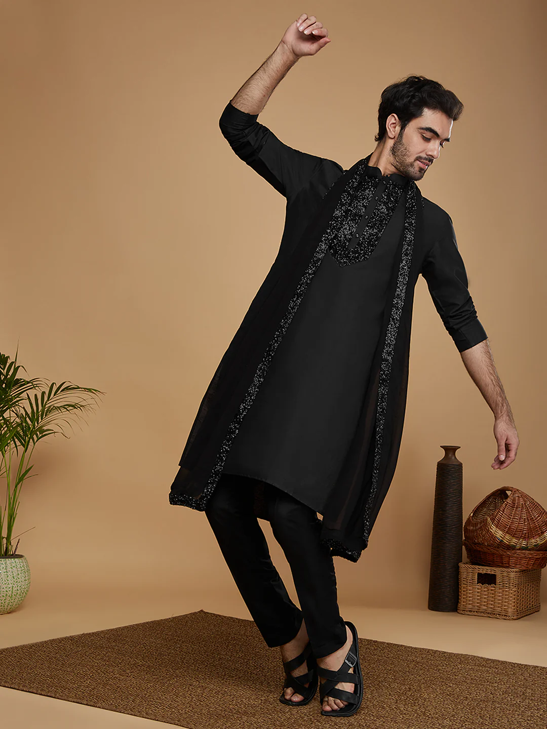 Black Silk Embroidered Kurta Trouser with Dupatta - Image 8