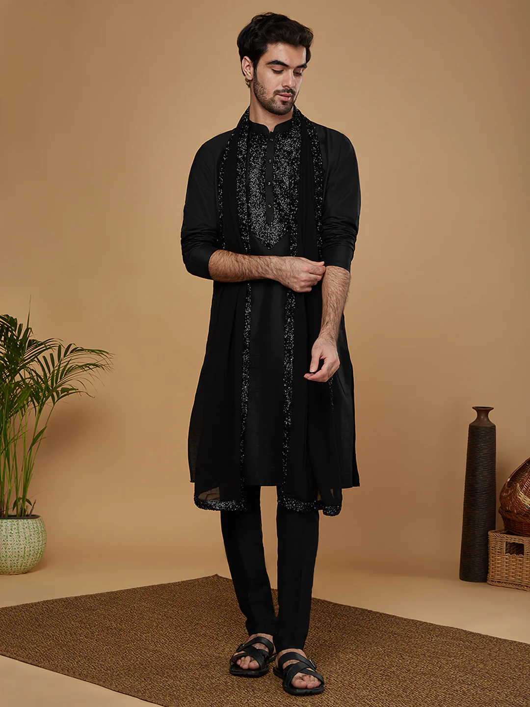 Black Silk Embroidered Kurta Trouser with Dupatta - Image 9