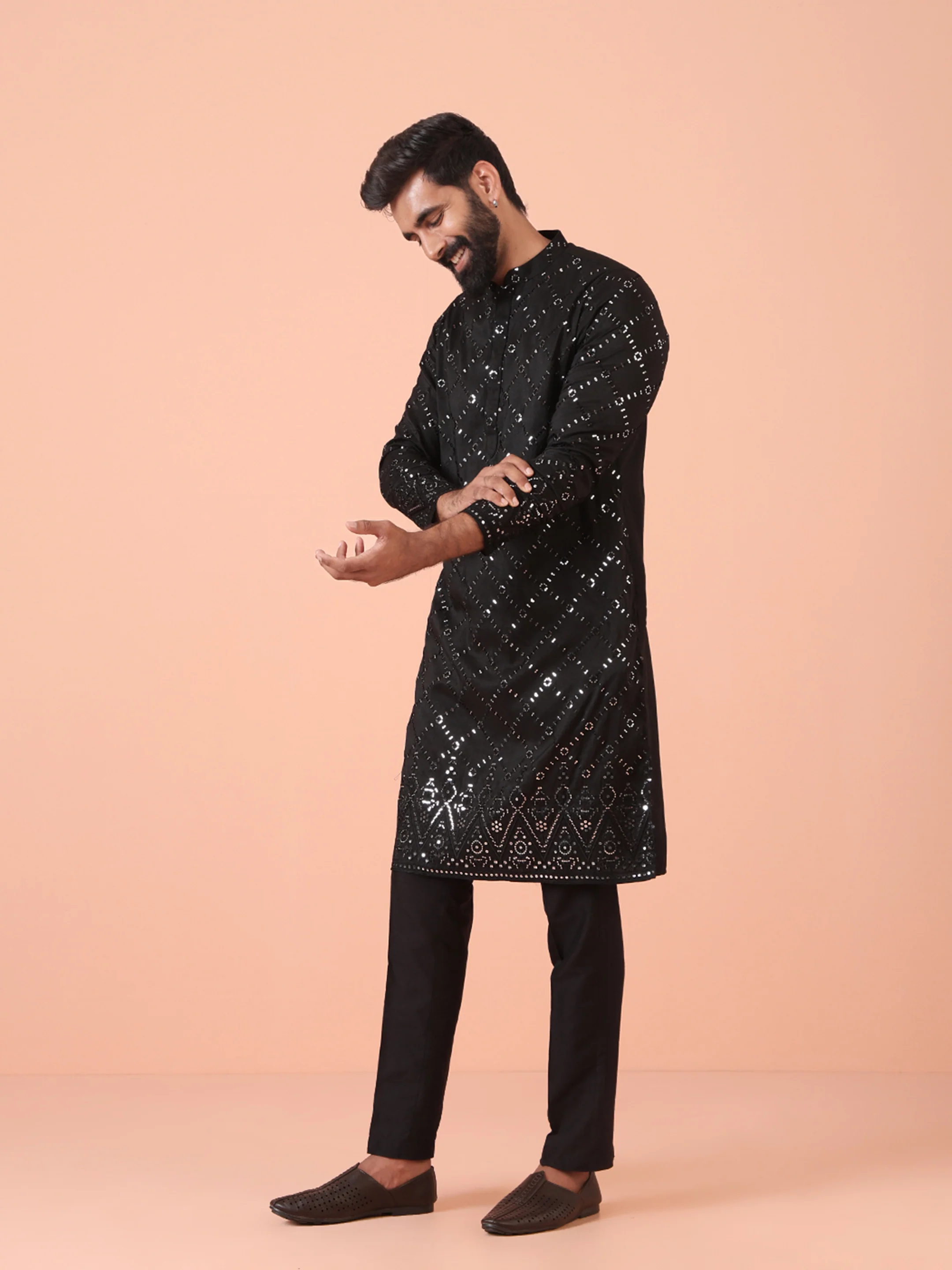Men Black Mirror work Kurta Trouser Set