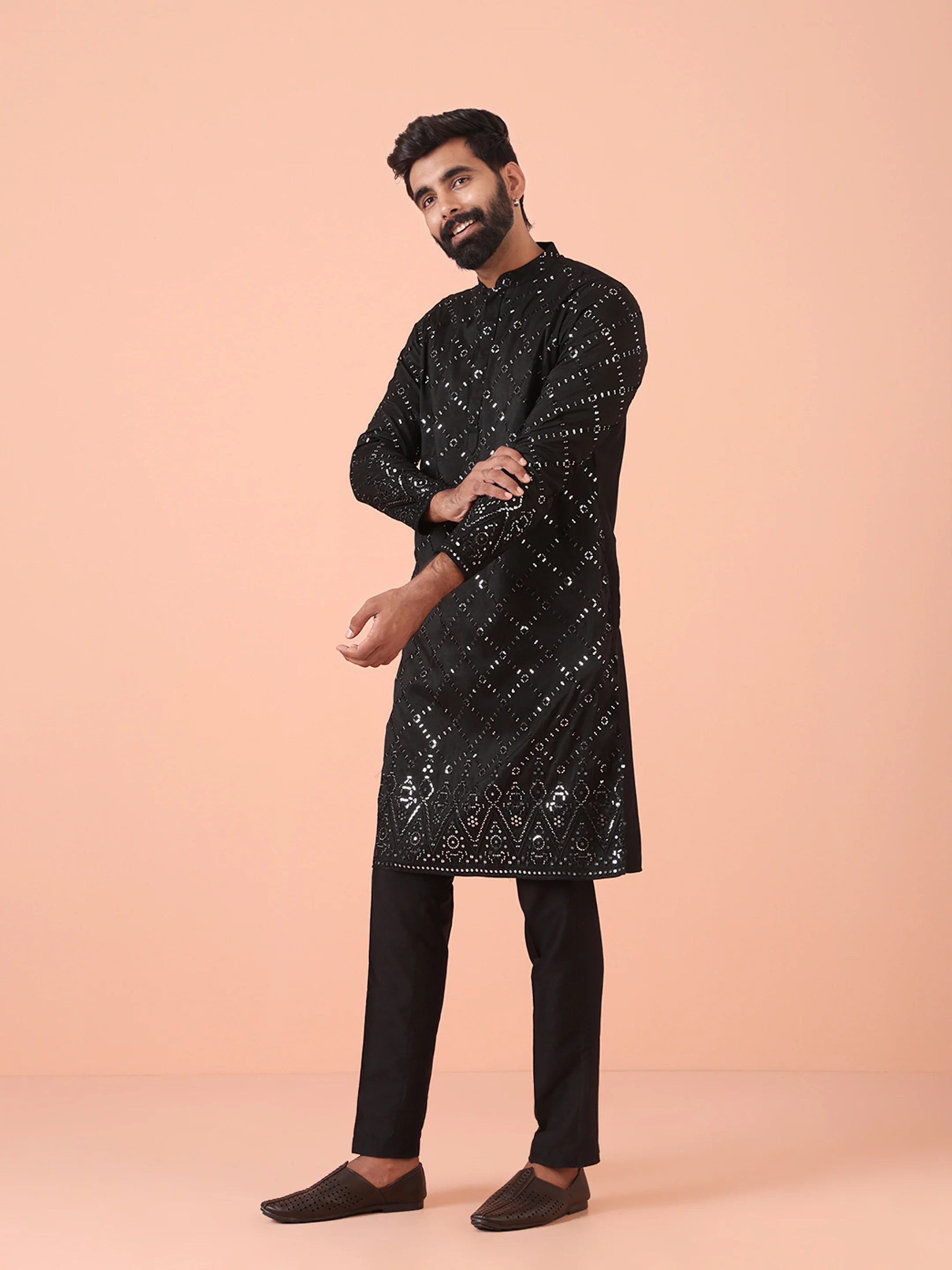 Men Black Mirror work Kurta Trouser Set - Image 3