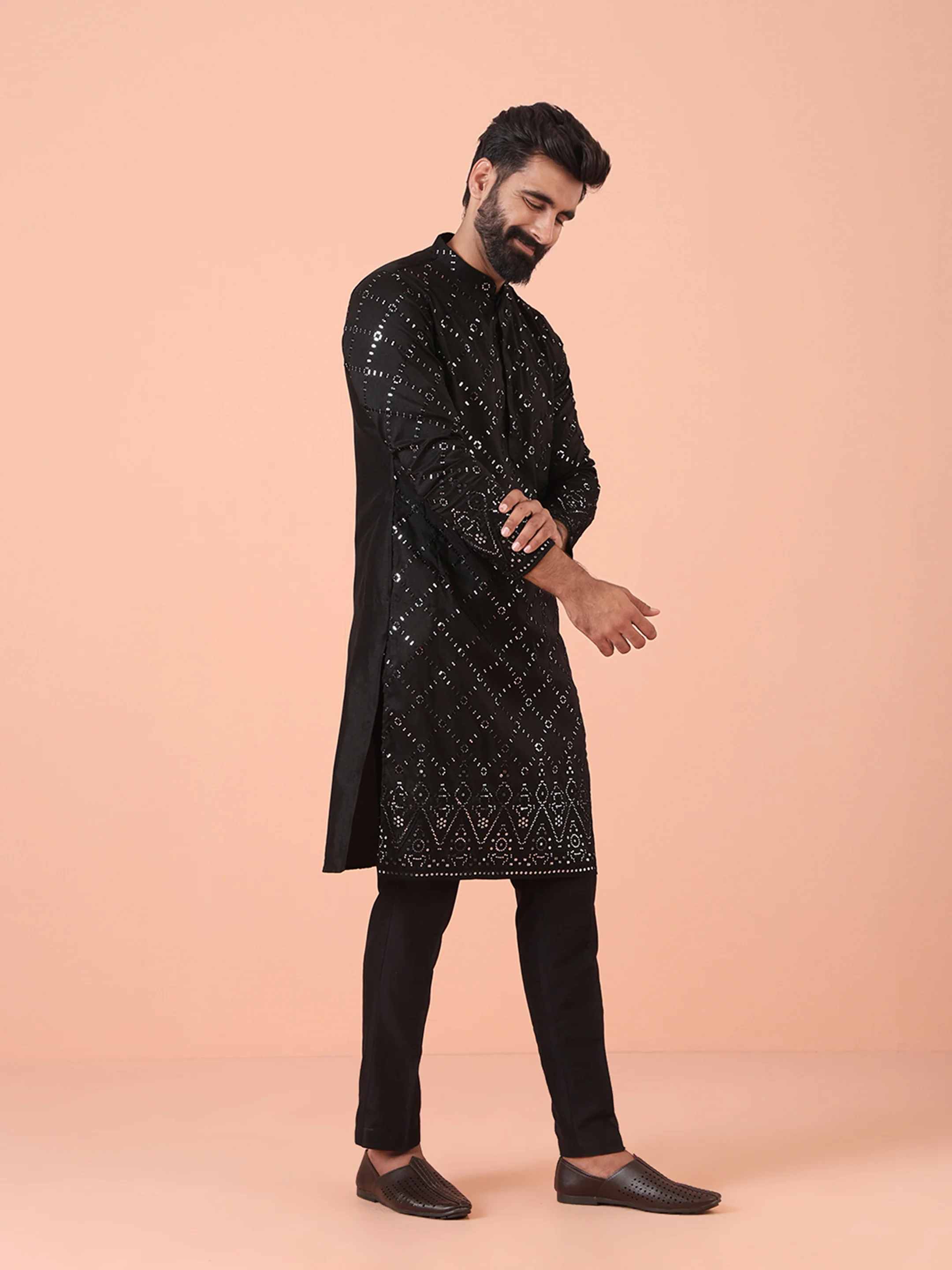 Men Black Mirror work Kurta Trouser Set - Image 4