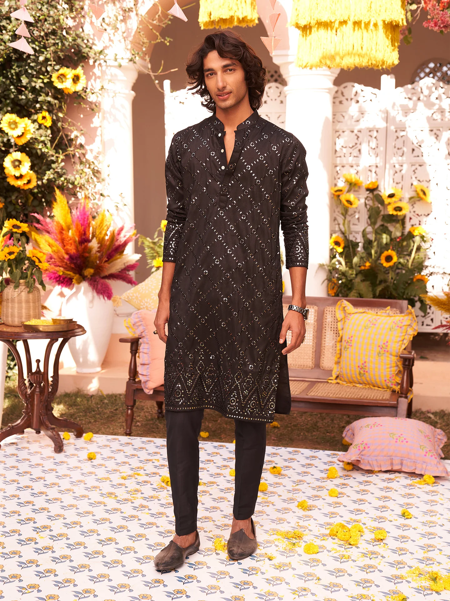 Men Black Mirror work Kurta Trouser Set - Image 8