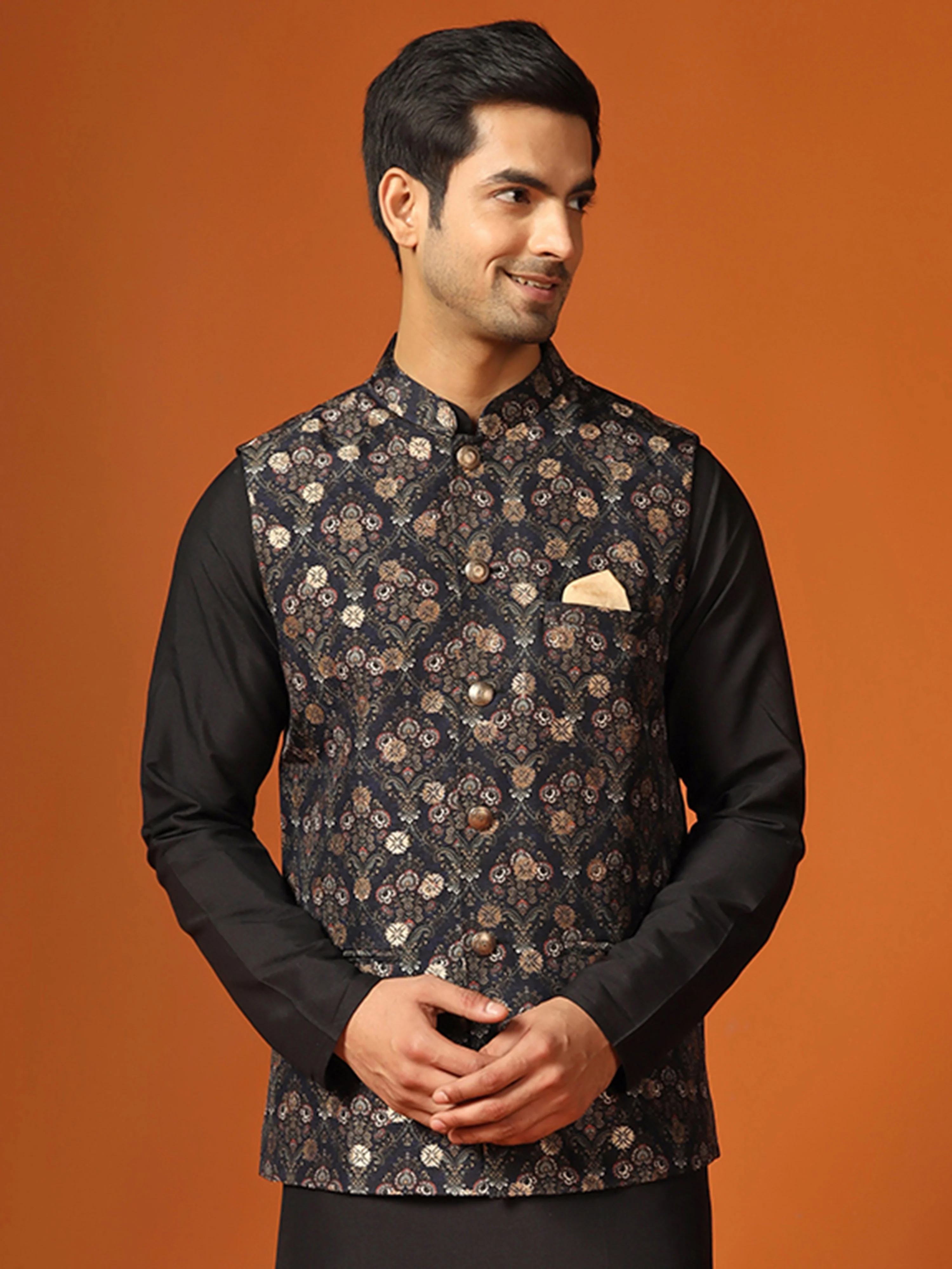 Black Cotton Silk Textured Floral Nehru Jacket