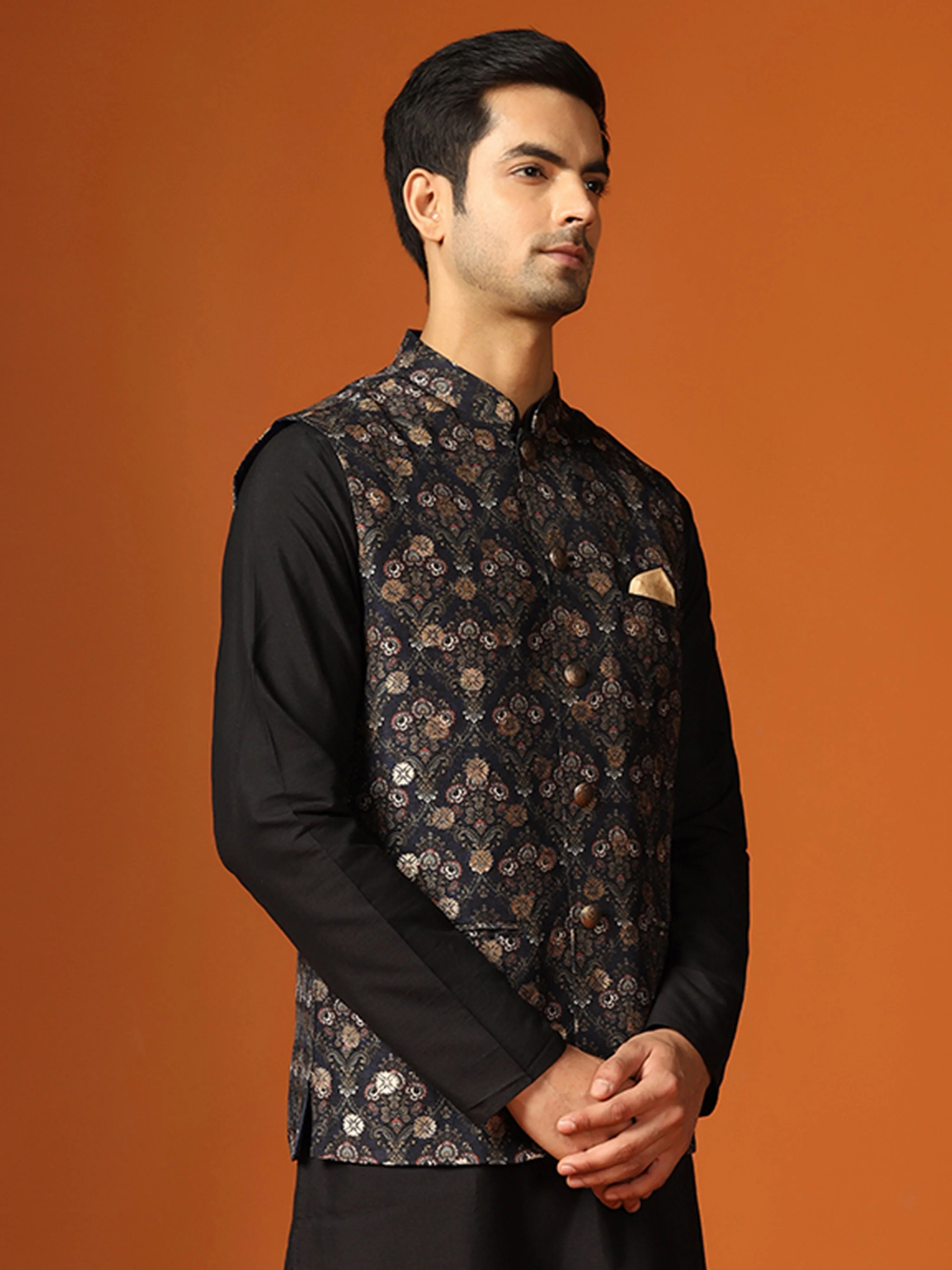 Black Cotton Silk Textured Floral Nehru Jacket - Image 2