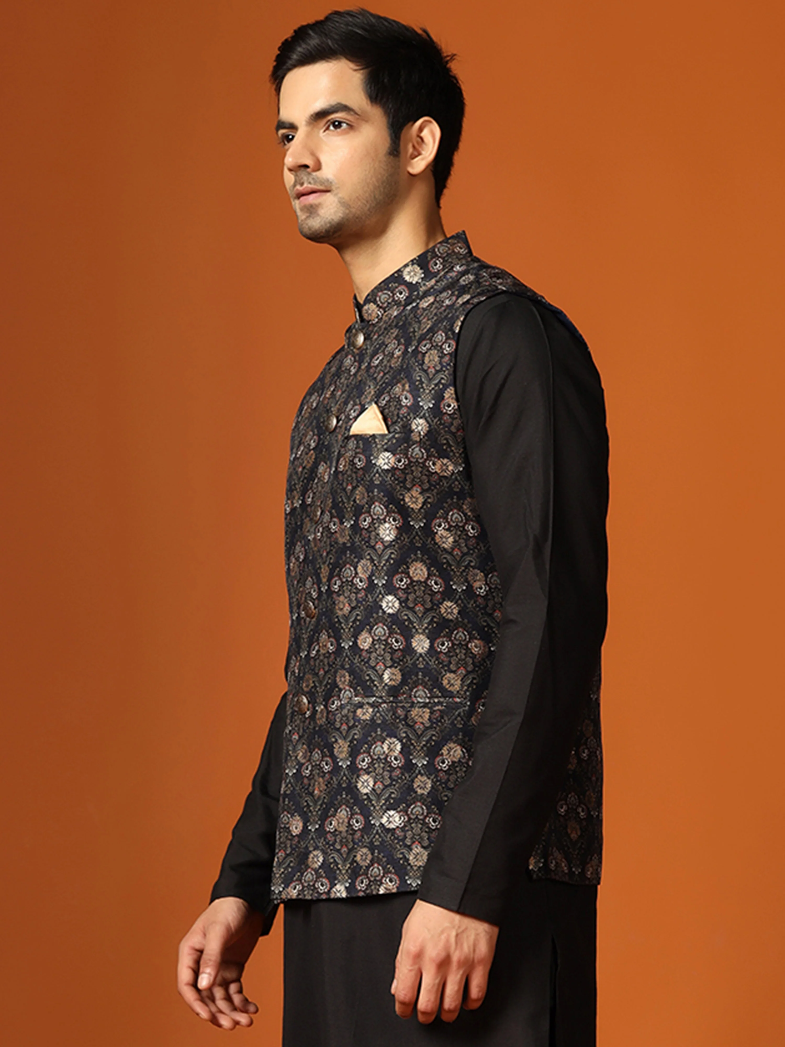 Black Cotton Silk Textured Floral Nehru Jacket - Image 3