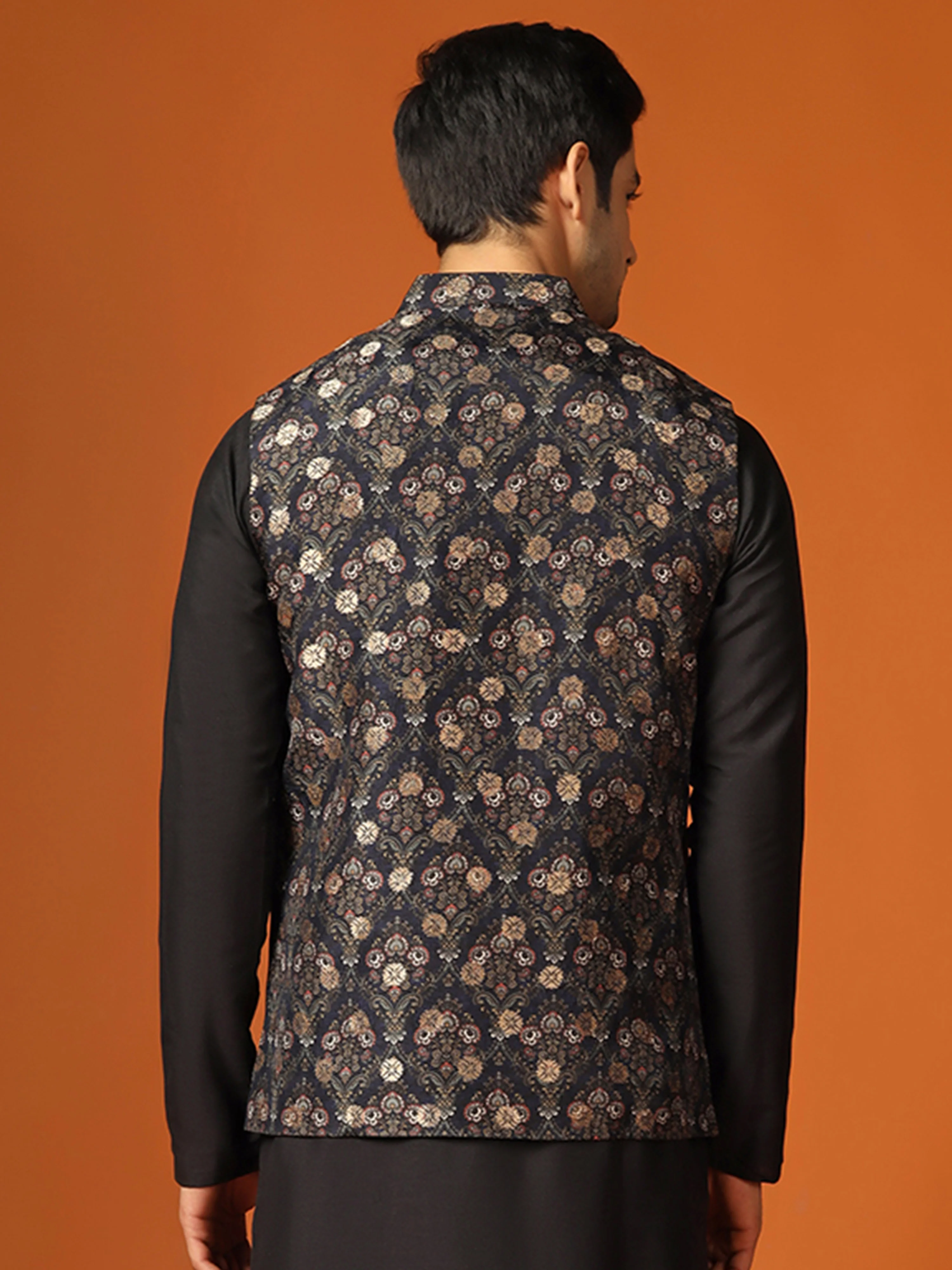 Black Cotton Silk Textured Floral Nehru Jacket - Image 4
