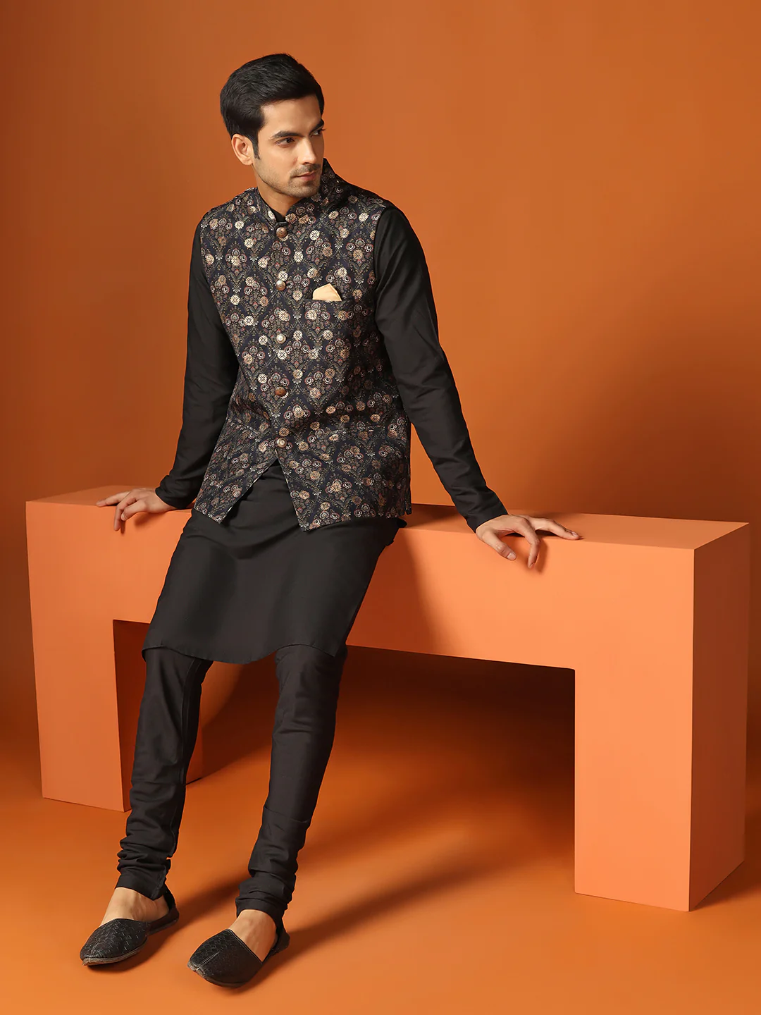 Black Cotton Silk Textured Floral Nehru Jacket - Image 6
