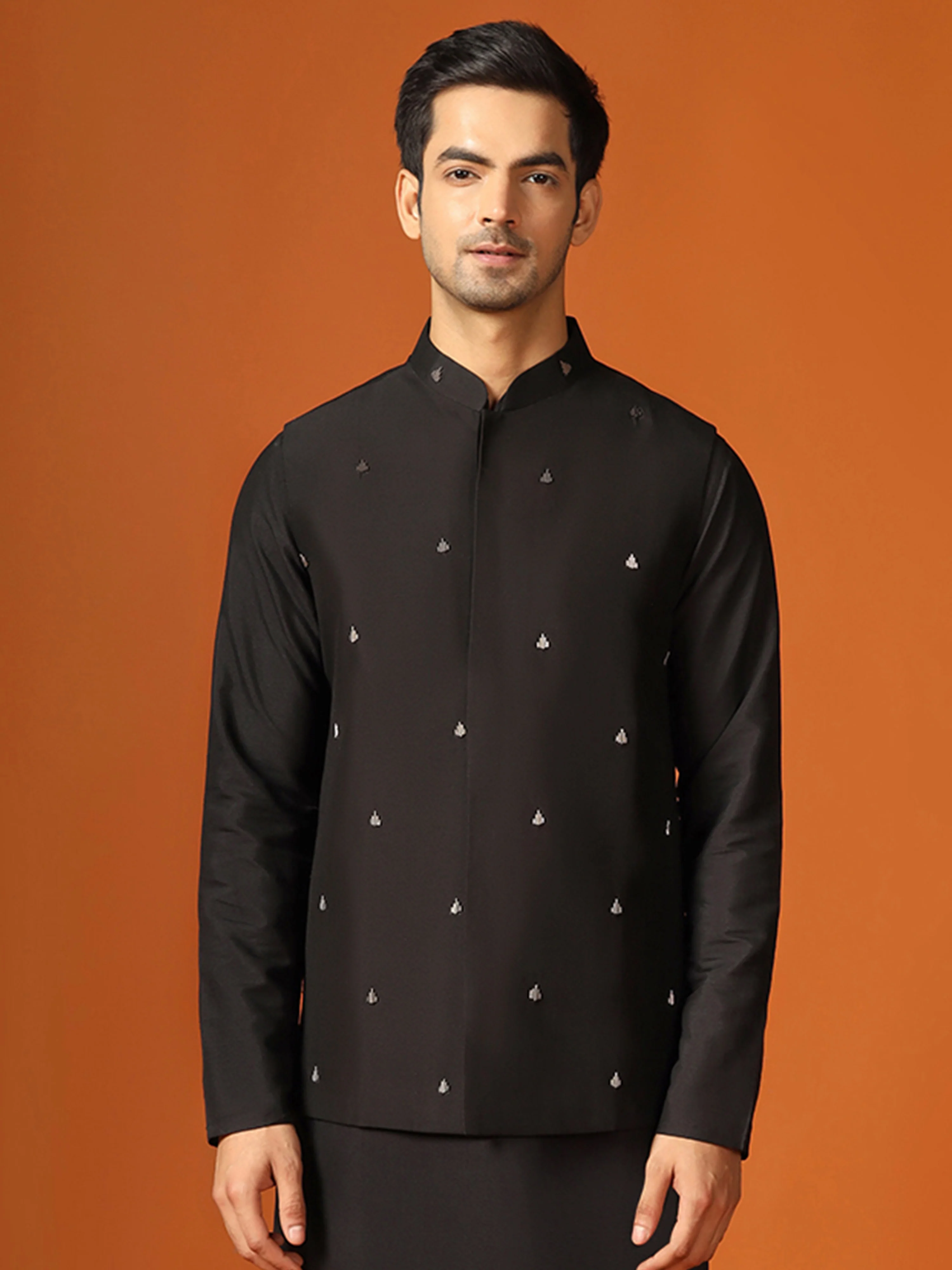 Black Cotton Silk Minimal Embroidered Nehru Jacket