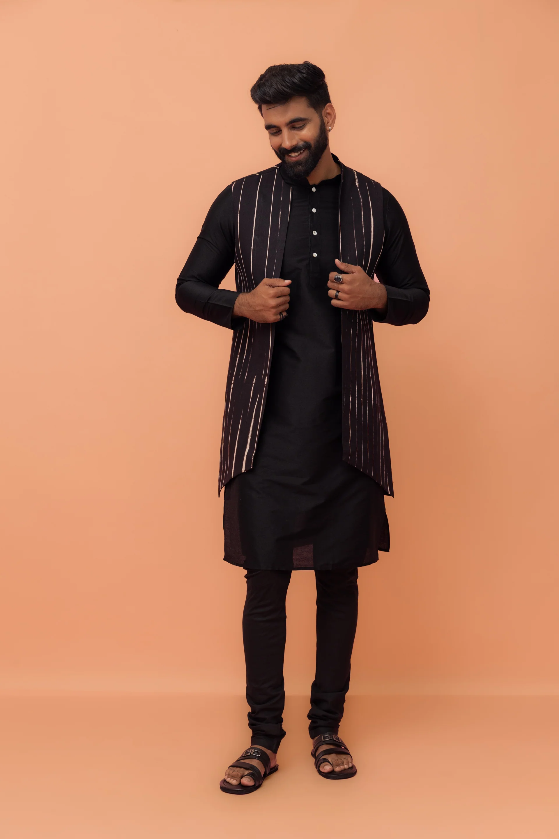 Black Front Open Jacket Kurta Churidar Set - Image 8