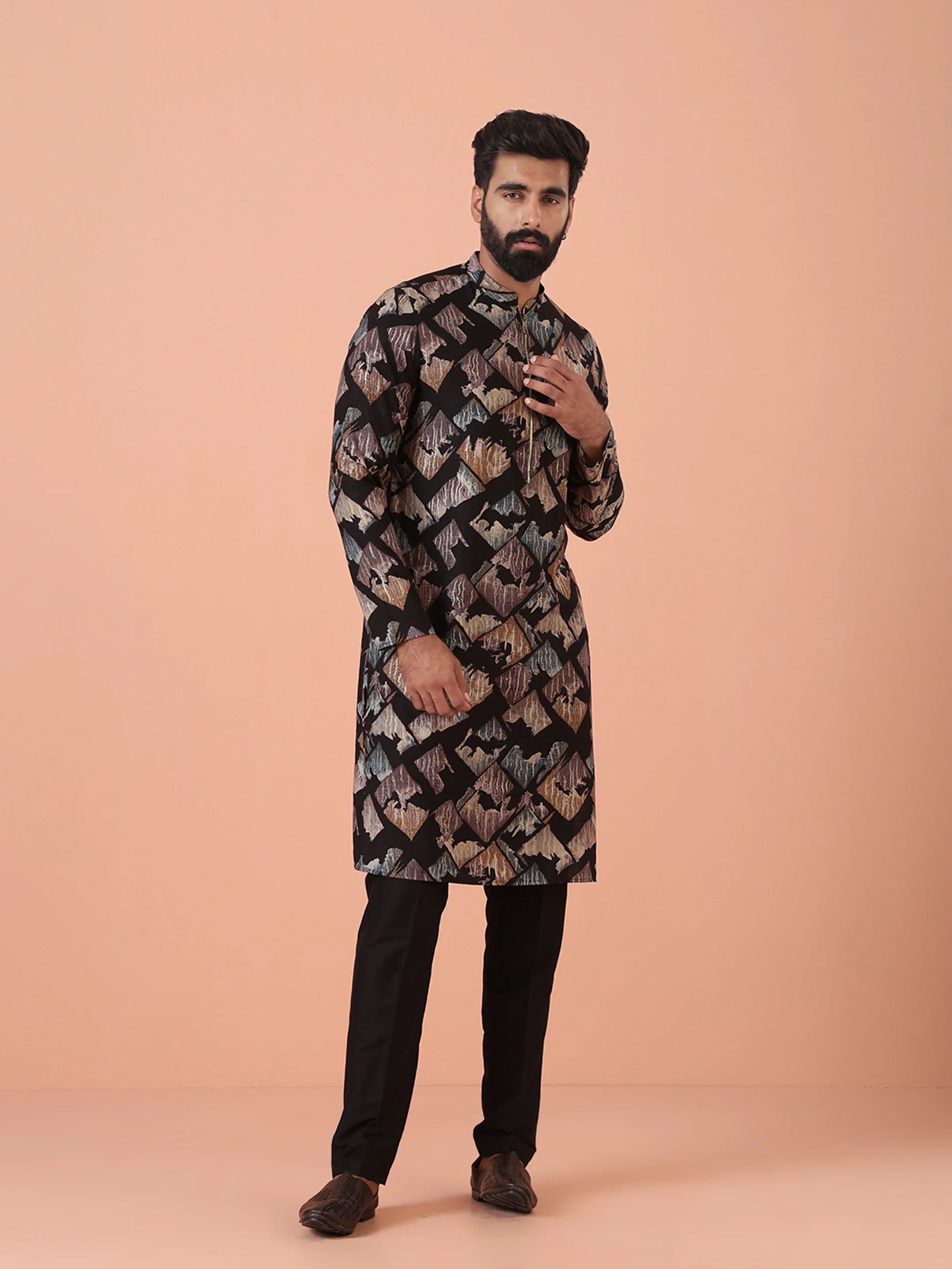 Men Black Printed Kurta Trouser Set
