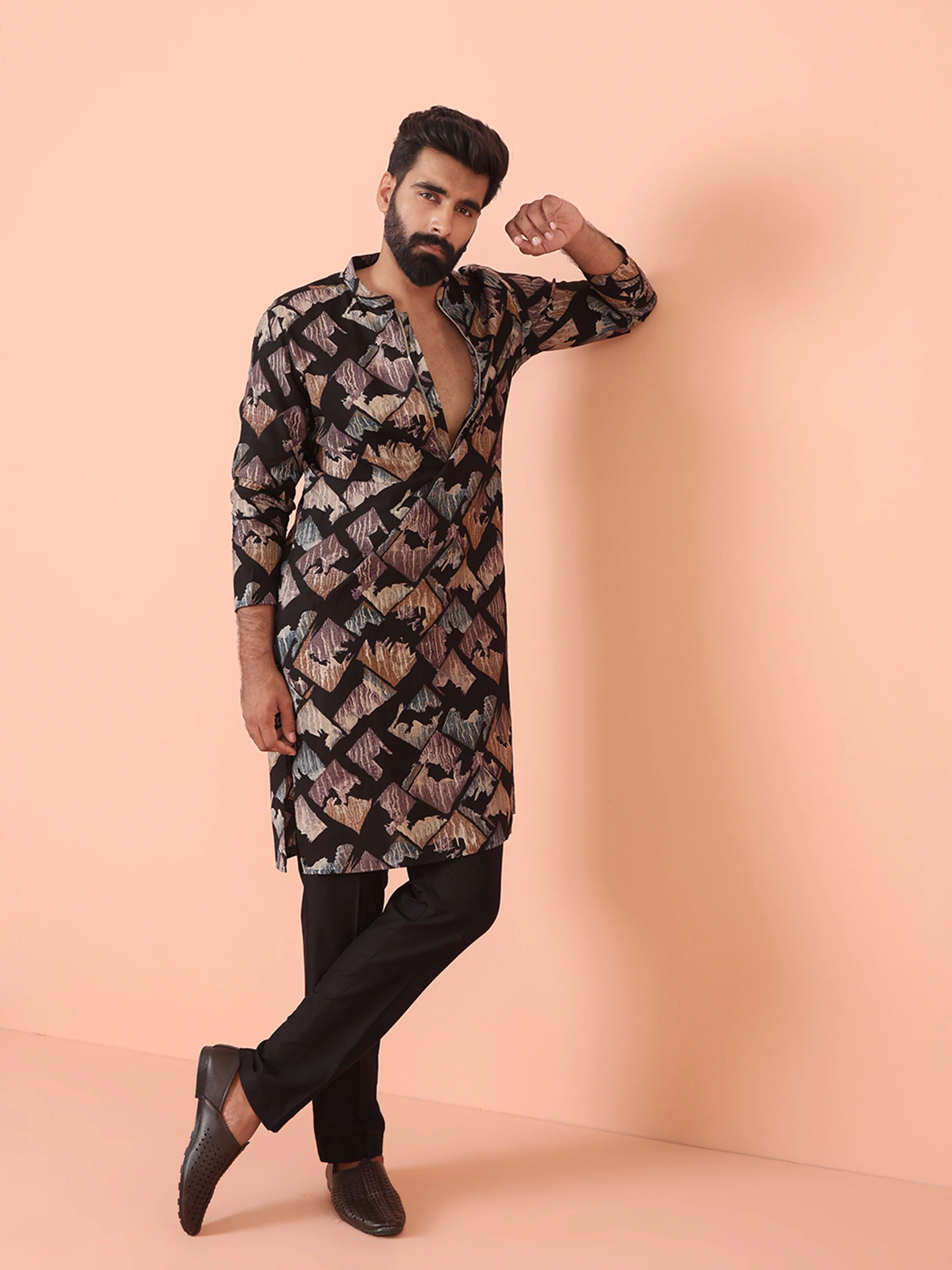 Men Black Printed Kurta Trouser Set - Image 7