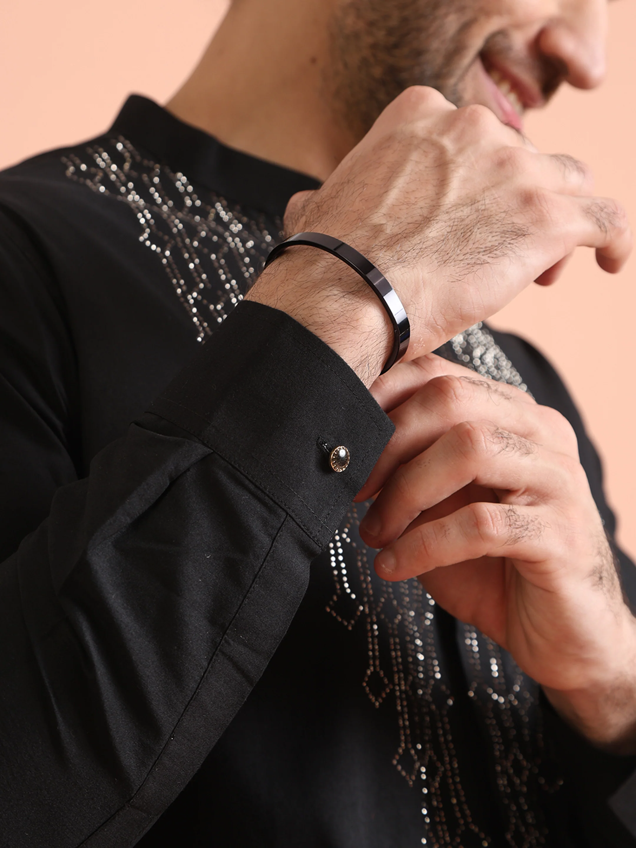 Men Black Embellished Rhine Stone Kurta - Image 6