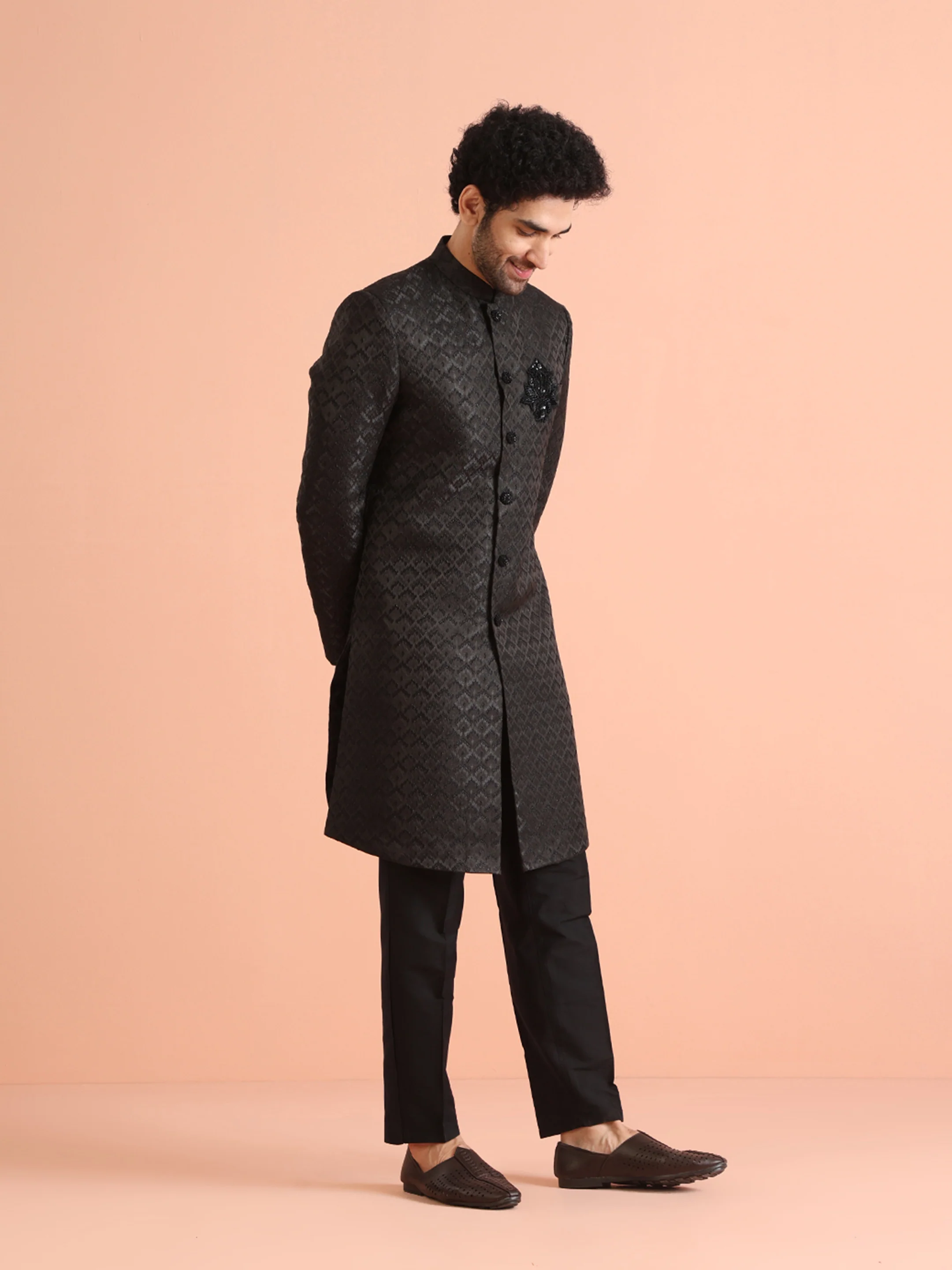 Men Black Self Design Indowestern Trousers Set - Image 2