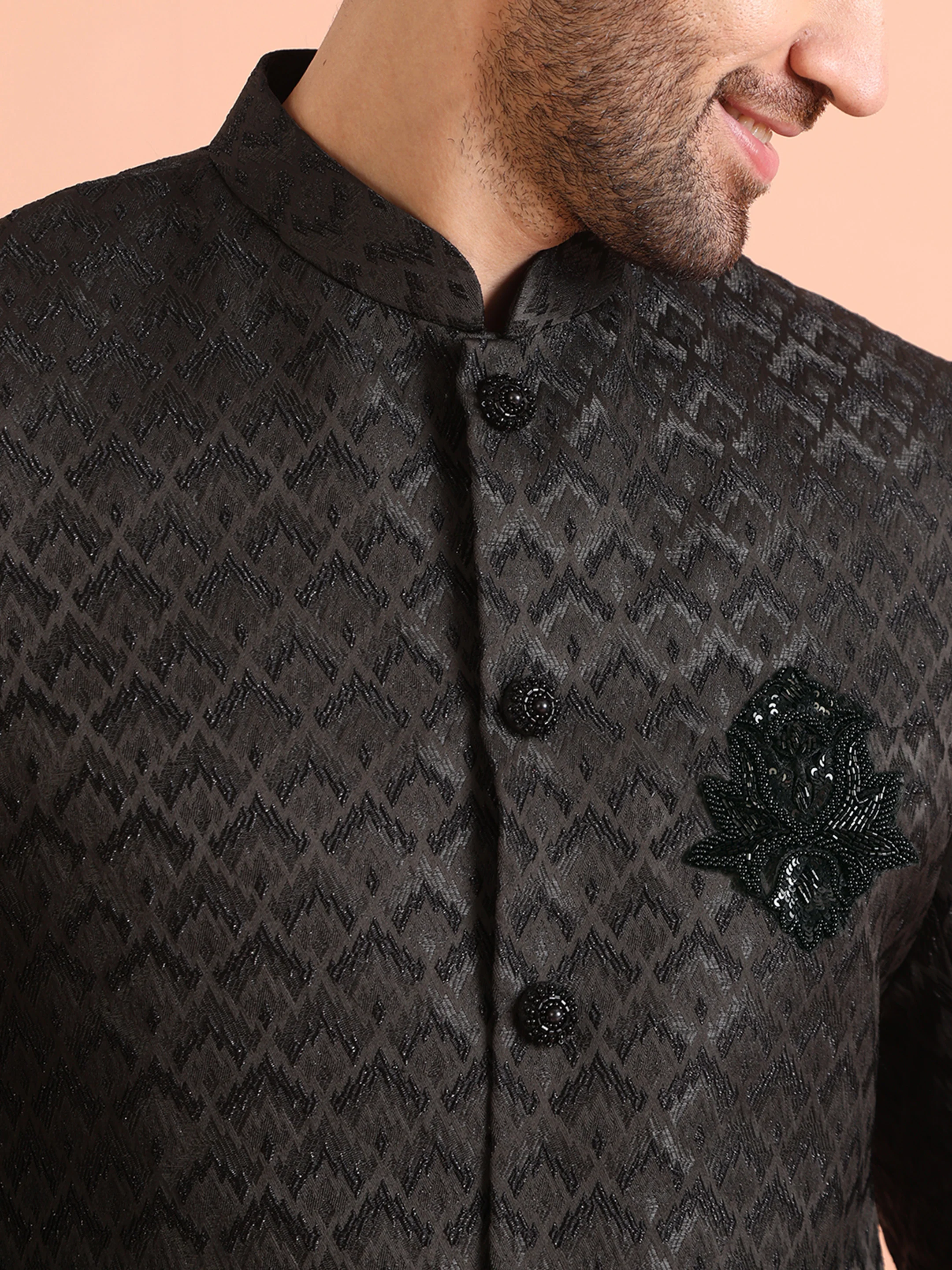 Men Black Self Design Indowestern Trousers Set - Image 5