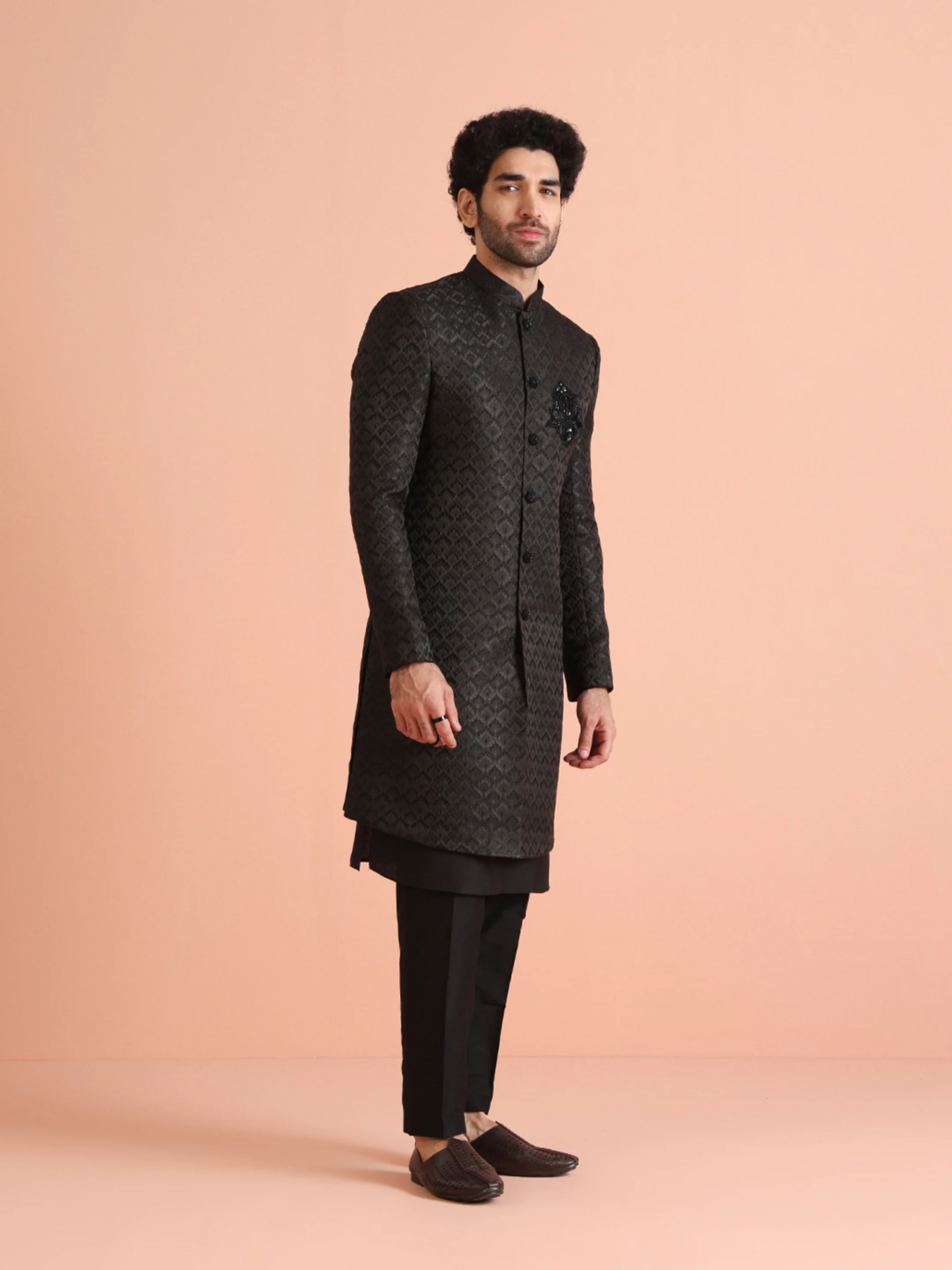 Men Black Self Design Kurta Indowestern Trousers Set - Image 2