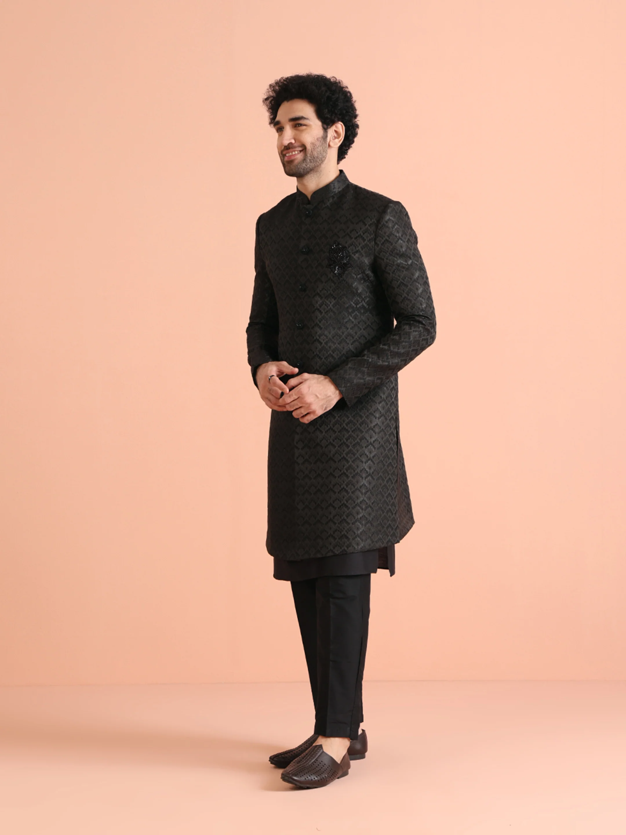 Men Black Self Design Kurta Indowestern Trousers Set - Image 3