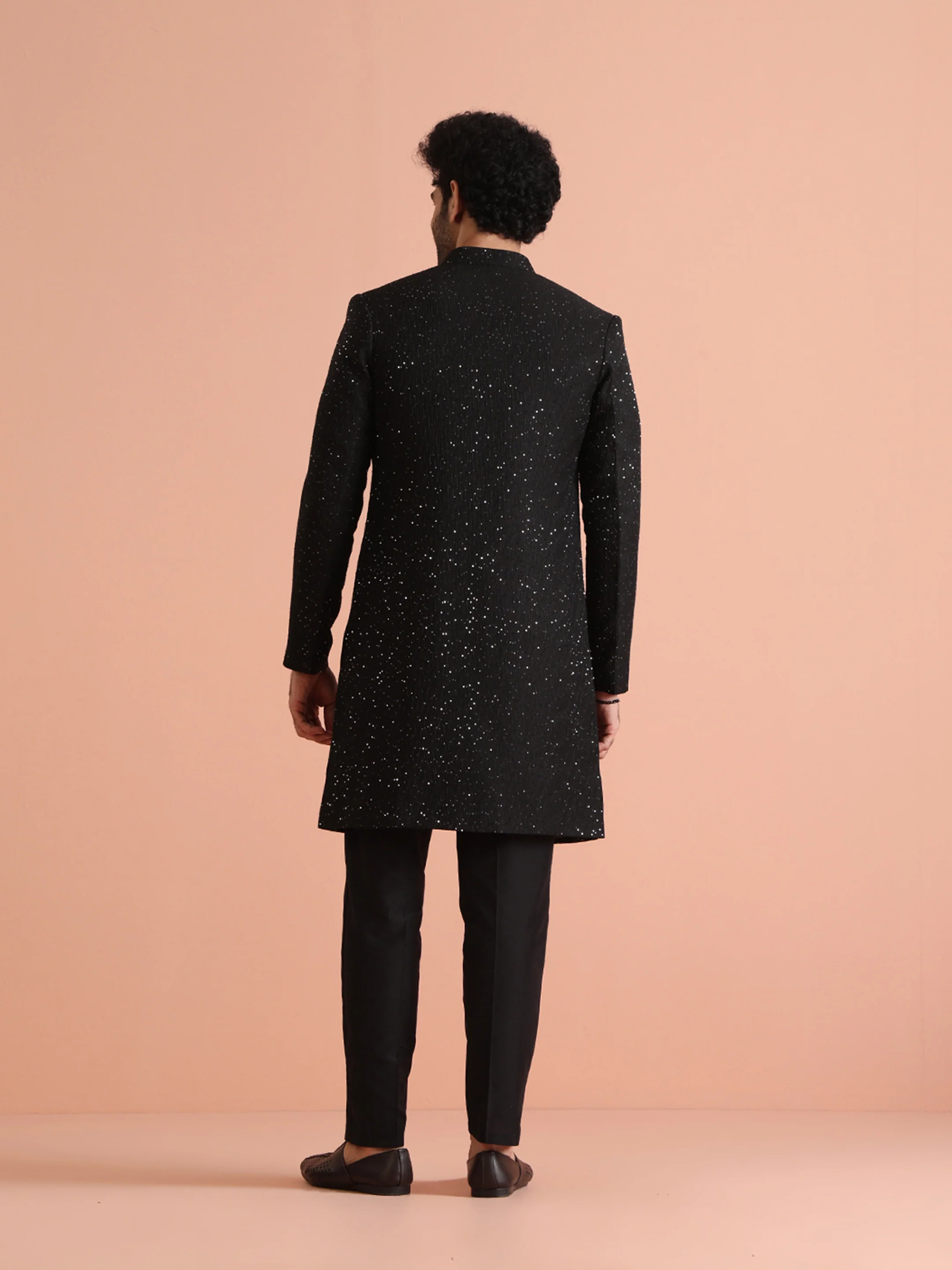Black Sequinned Sherwani Kurta Trouser Set - Image 5