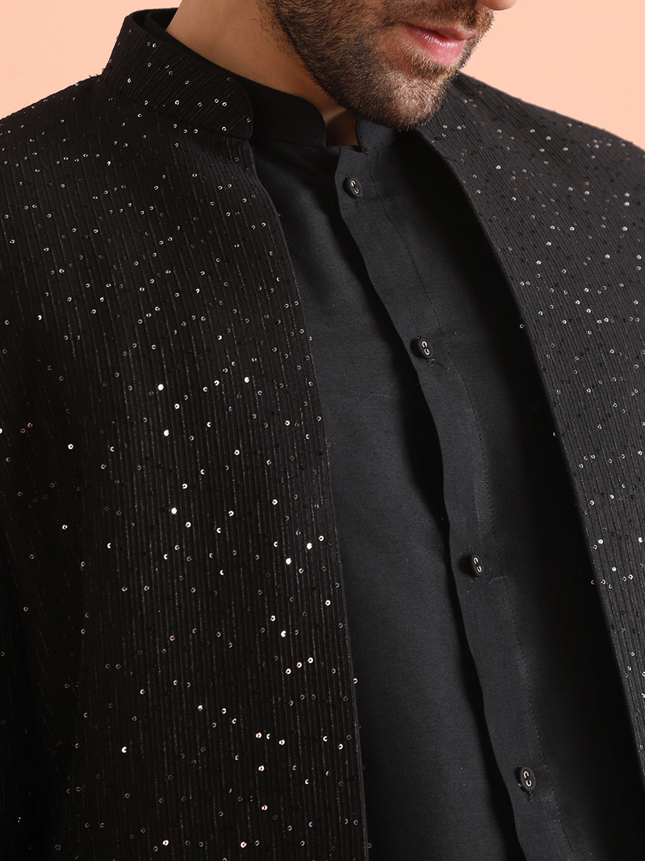 Black Sequinned Sherwani Kurta Trouser Set - Image 6