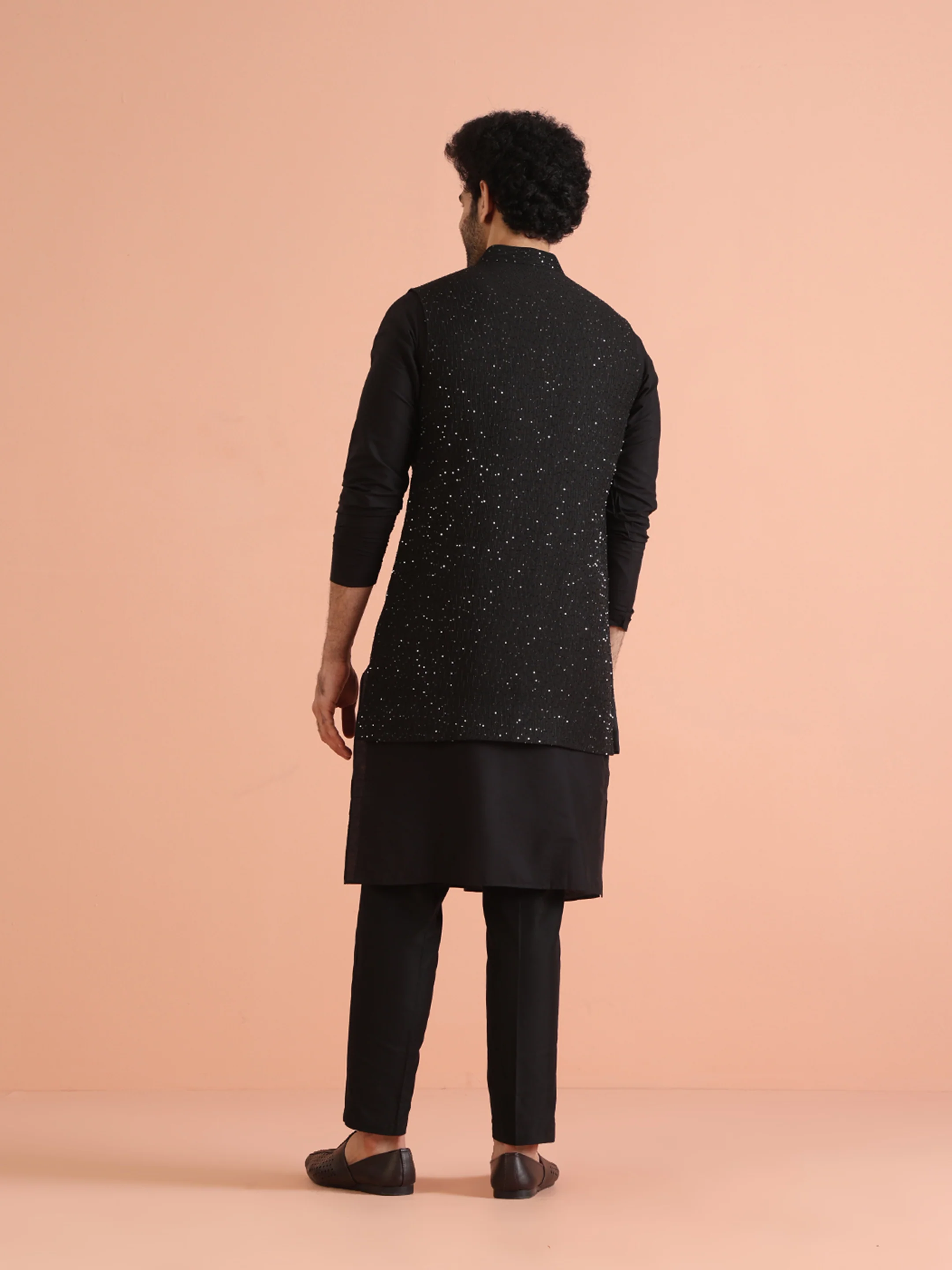 Black Sequinned Jacket Kurta Trouser Set - Image 4