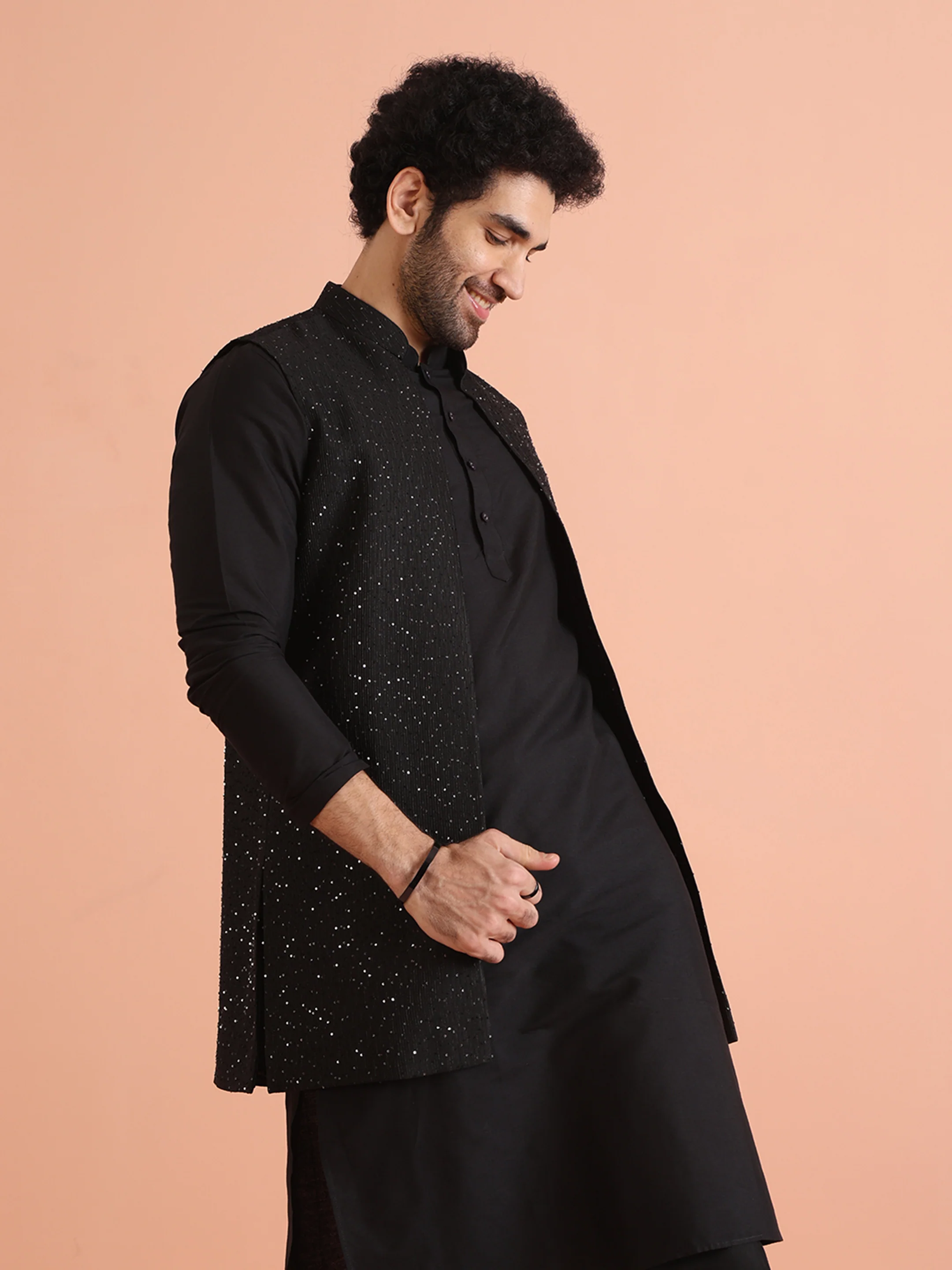 Black Sequinned Jacket Kurta Trouser Set - Image 5