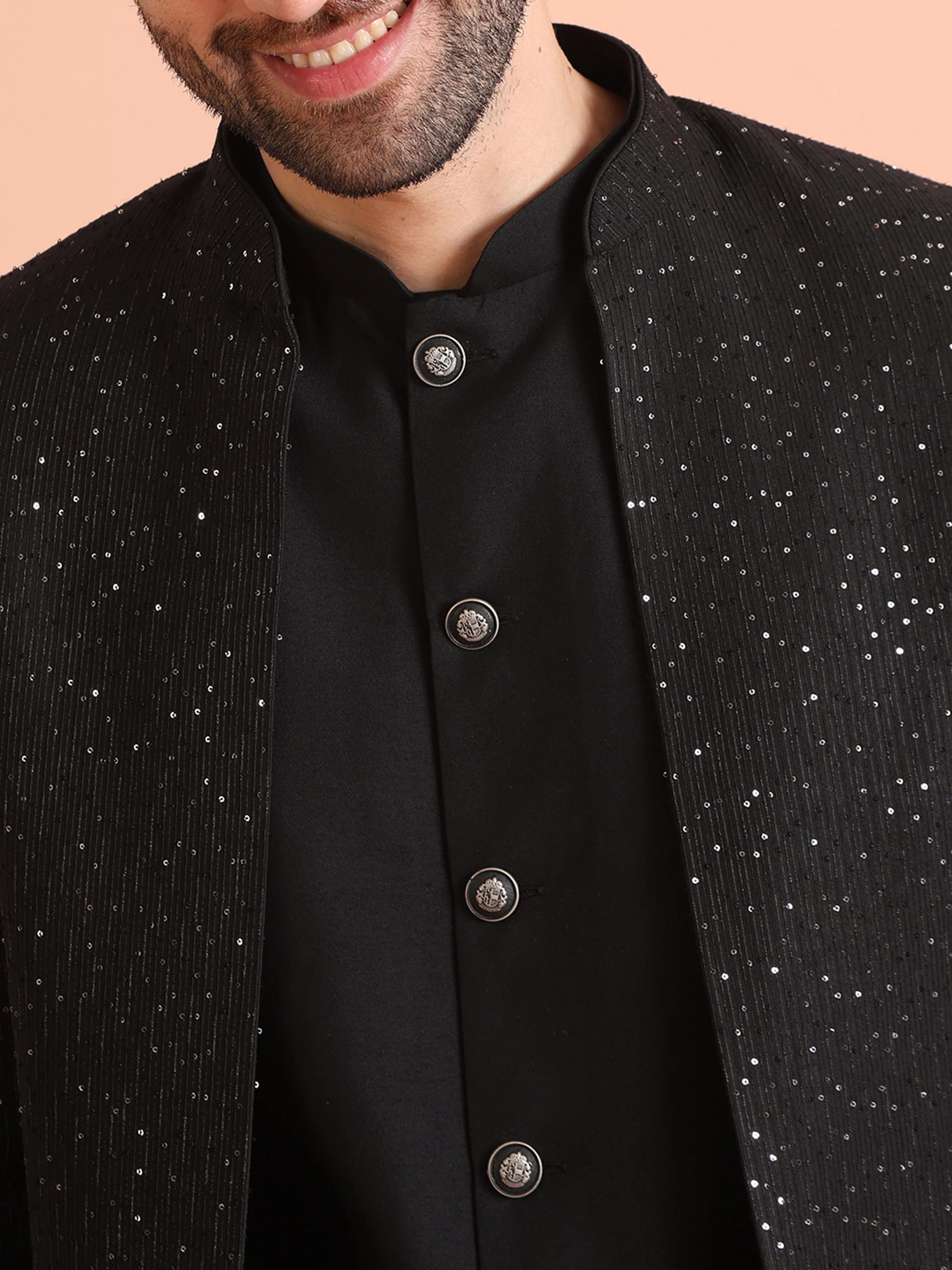 Men Black Sequinned Long Jacket Indo Western Trouser Set - Image 6