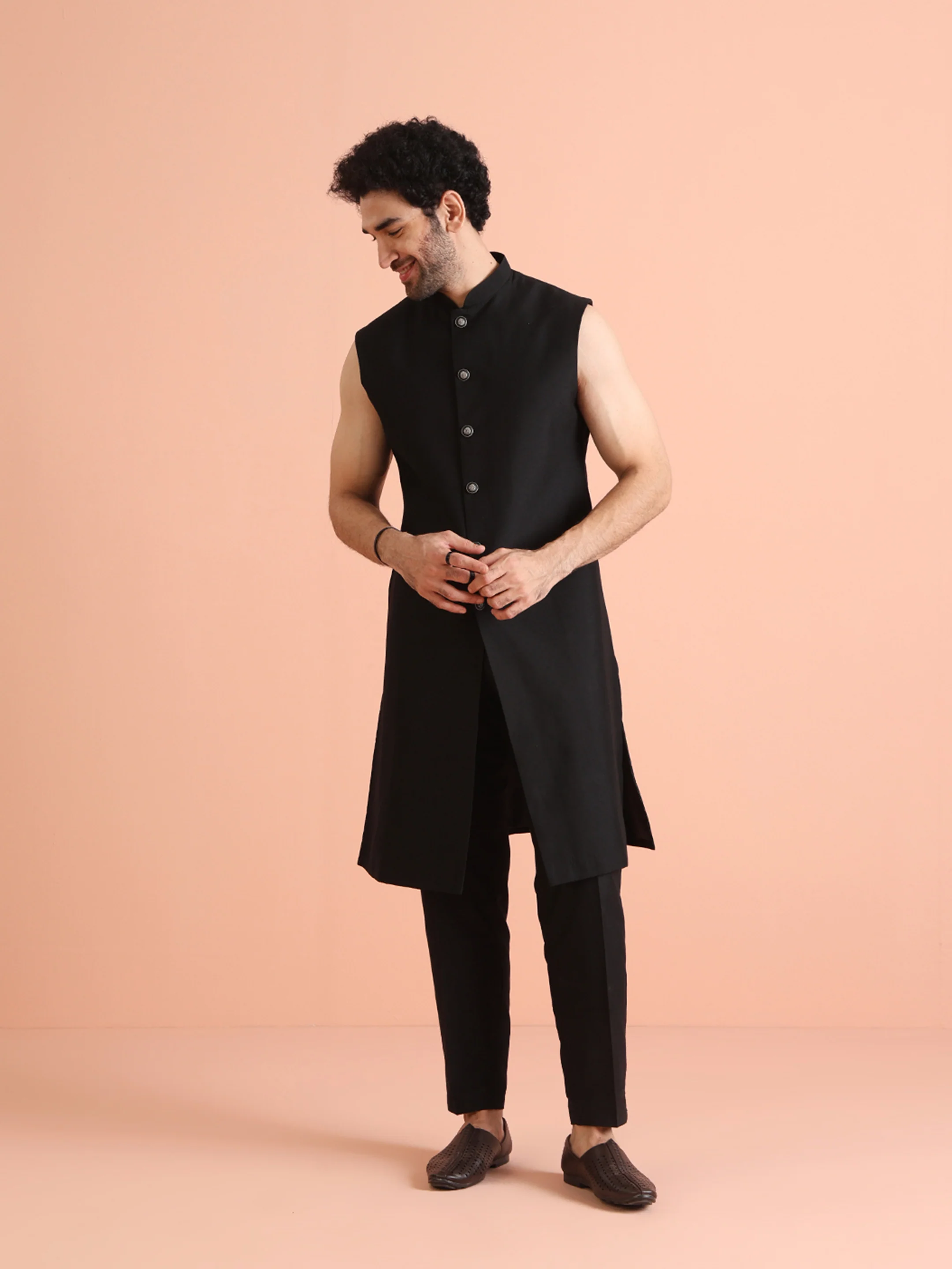 Men Black Sequinned Long Jacket Indo Western Trouser Set - Image 7