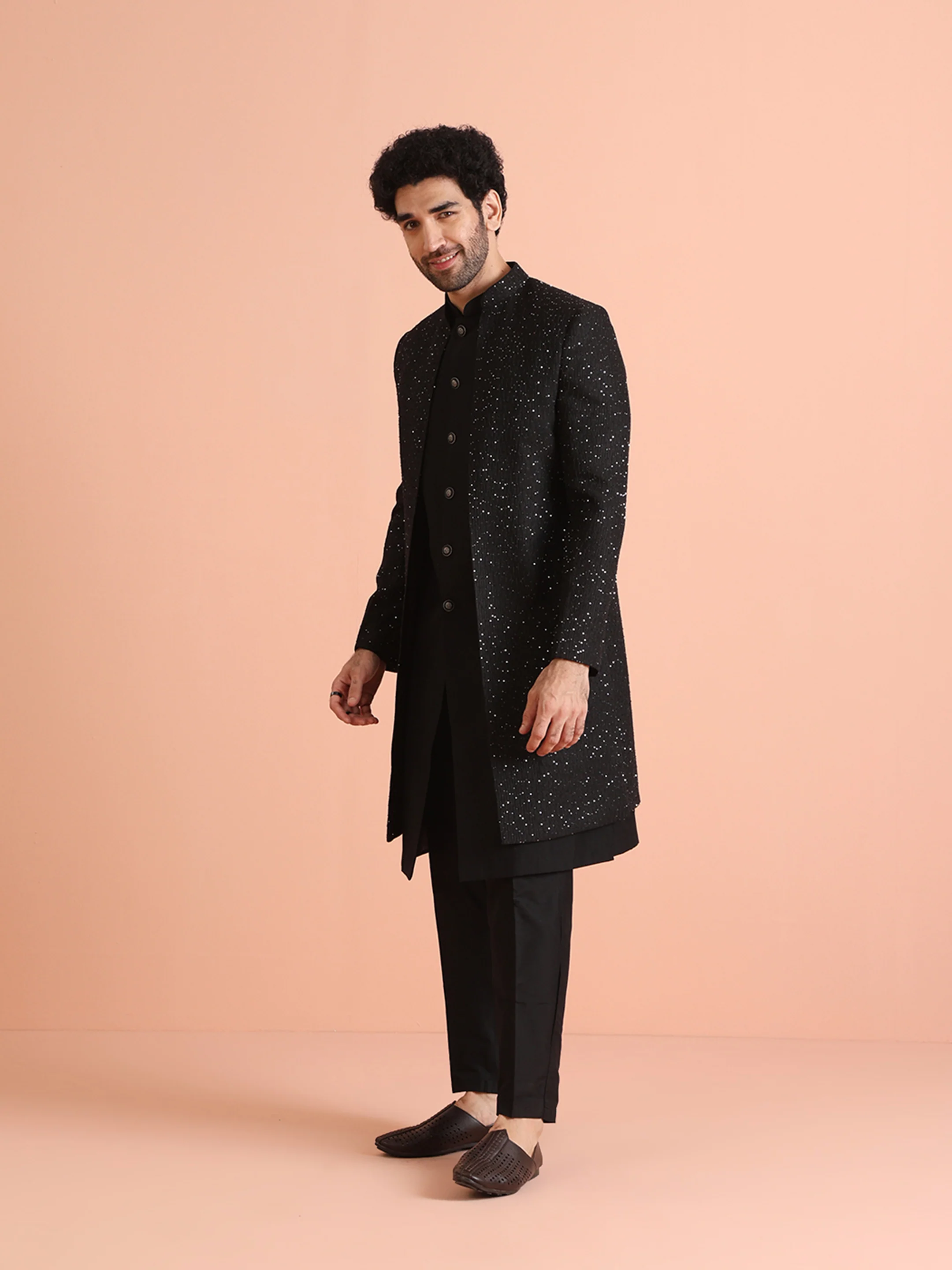 Men Black Sequinned Long Jacket Indo Western Trouser Set - Image 9