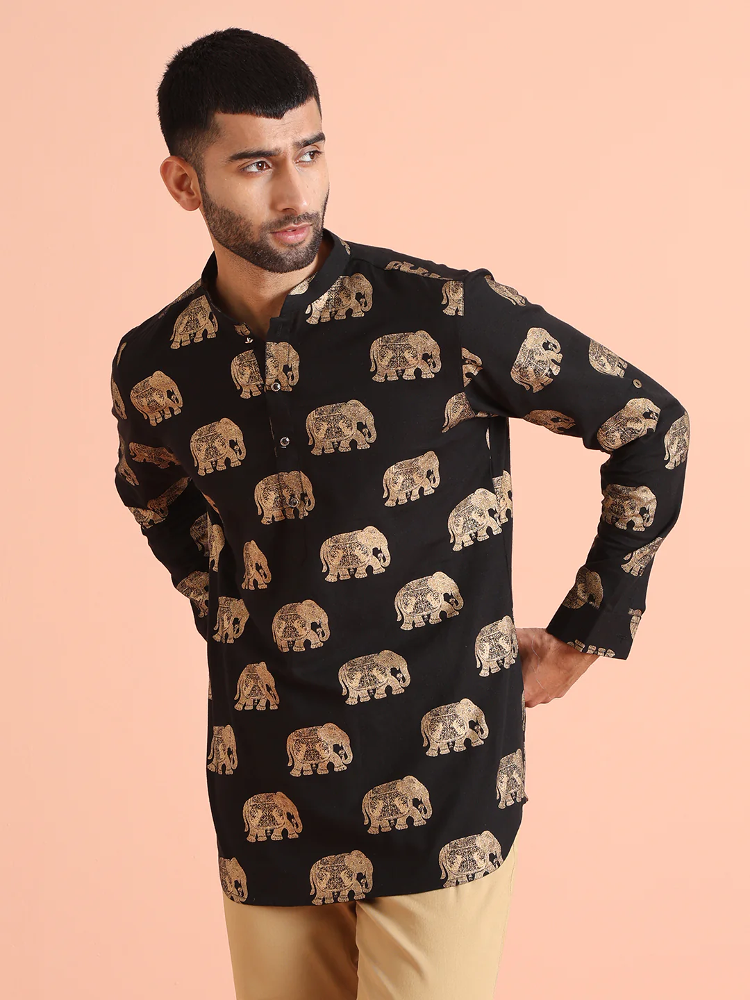 Black Elephant Print Short Kurta - Image 2