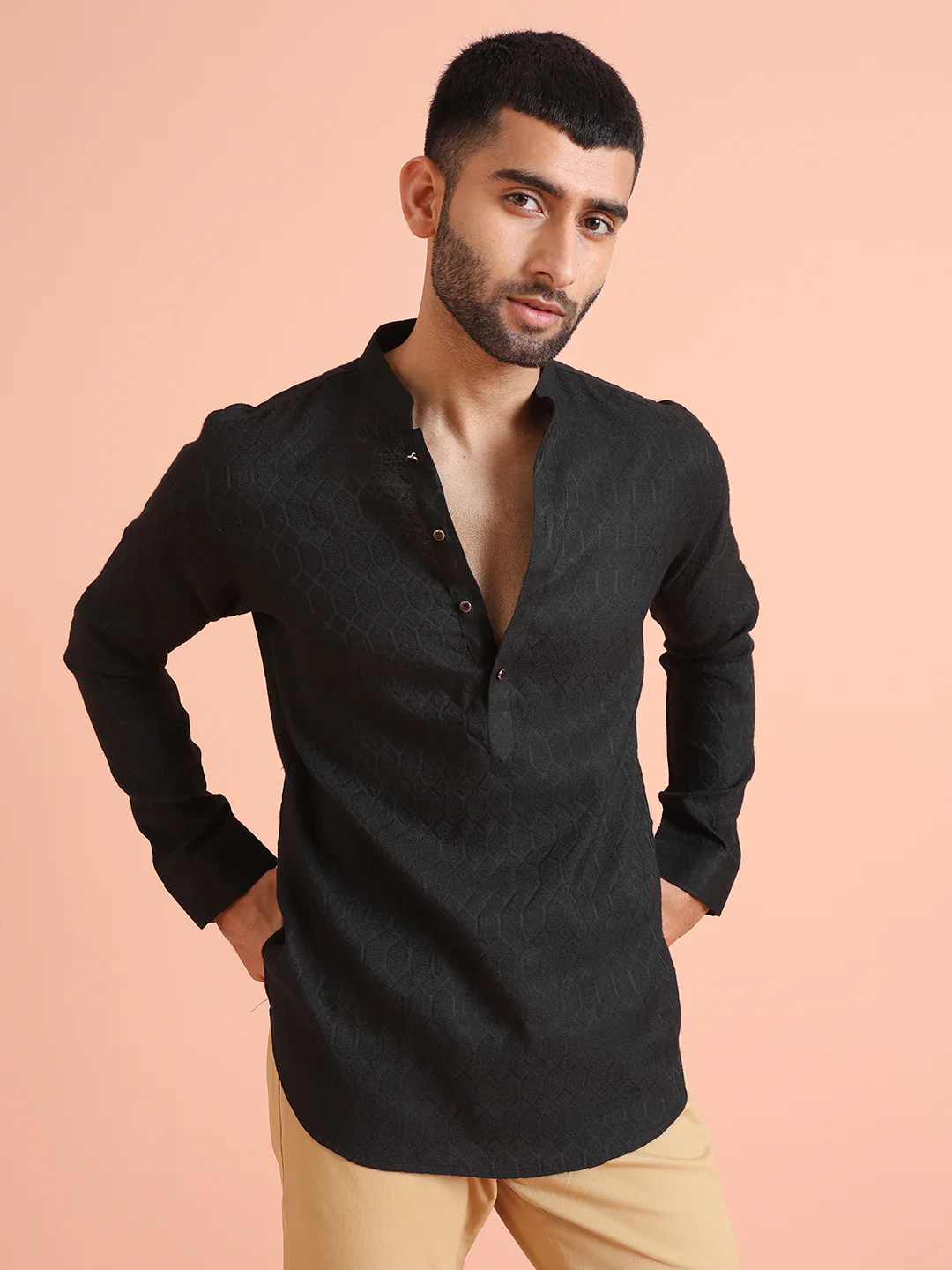 Black Self-Textured Short Kurta - Image 2