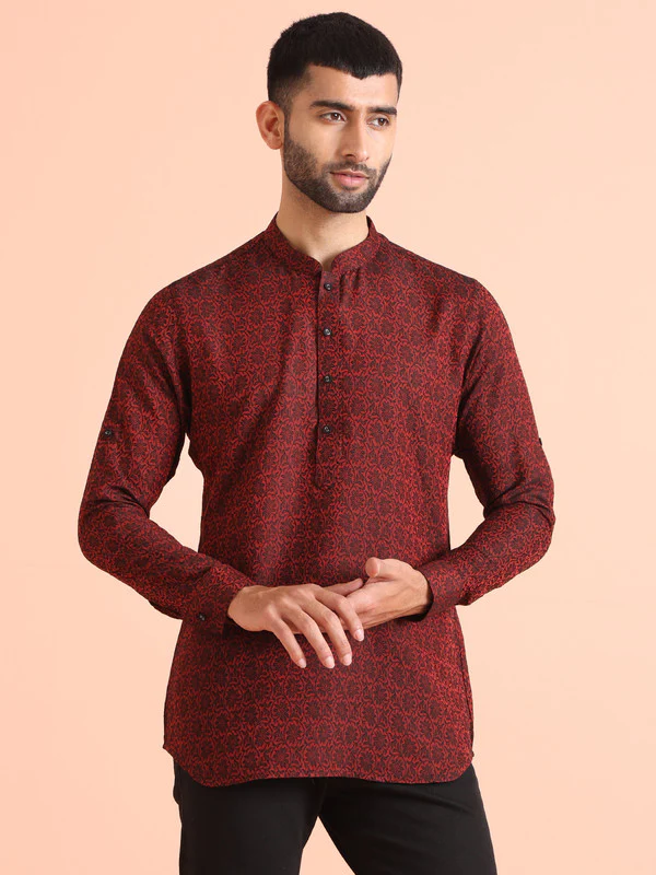 Red Printed Cotton Blend Short Kurta - Image 2