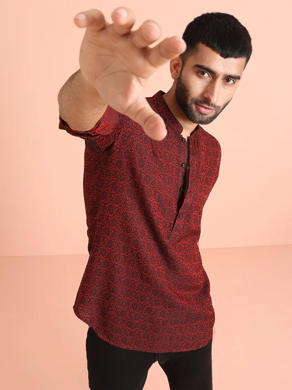 Red Printed Cotton Blend Short Kurta - Image 3