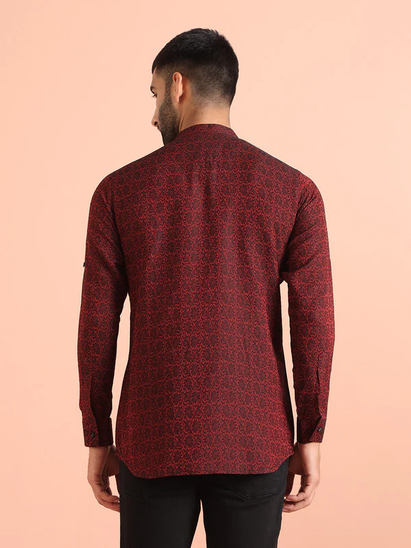 Red Printed Cotton Blend Short Kurta - Image 5