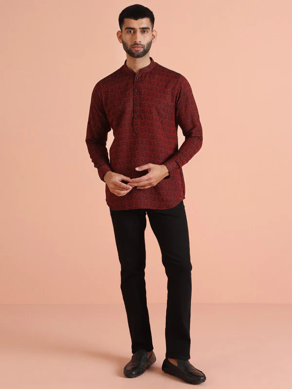 Red Printed Cotton Blend Short Kurta - Image 7