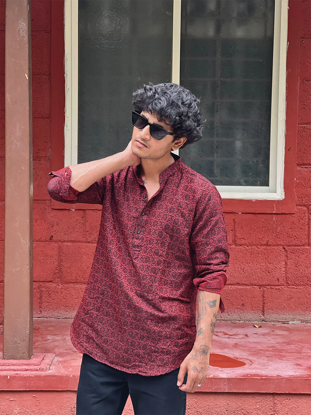 Red Printed Cotton Blend Short Kurta - Image 9