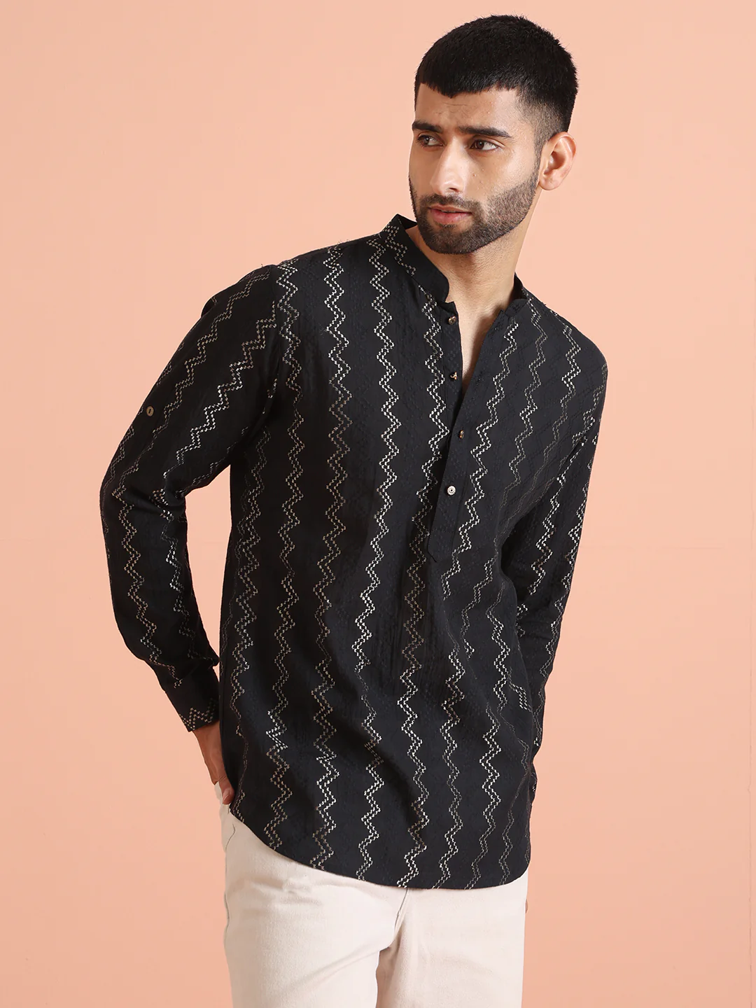 Black Silk Blend Metallic Short Kurta - Image 2