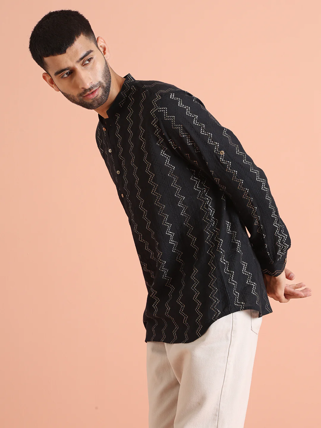 Black Silk Blend Metallic Short Kurta - Image 3