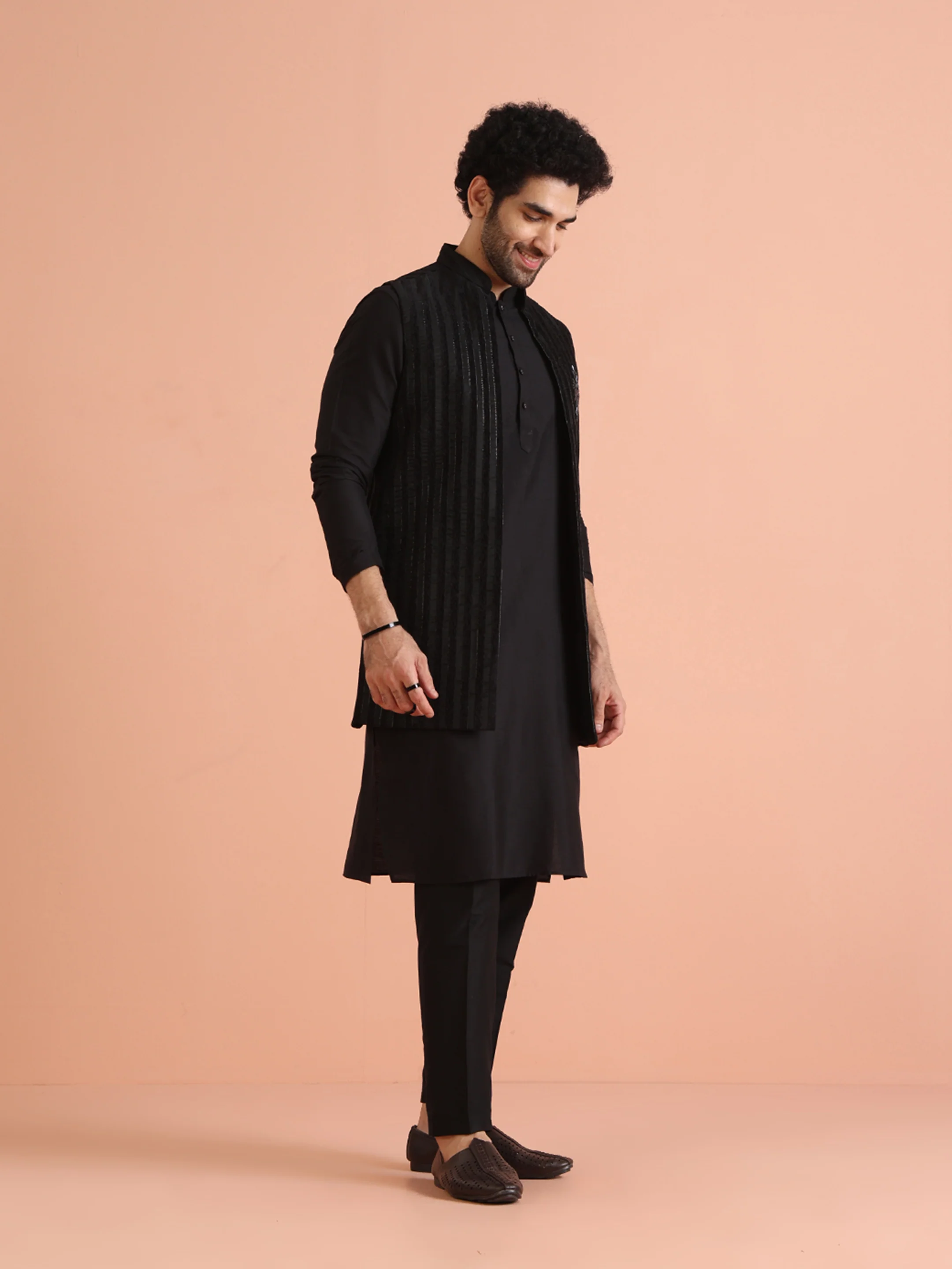 Black Striped Nehru Jacket Kurta Trouser - Image 3