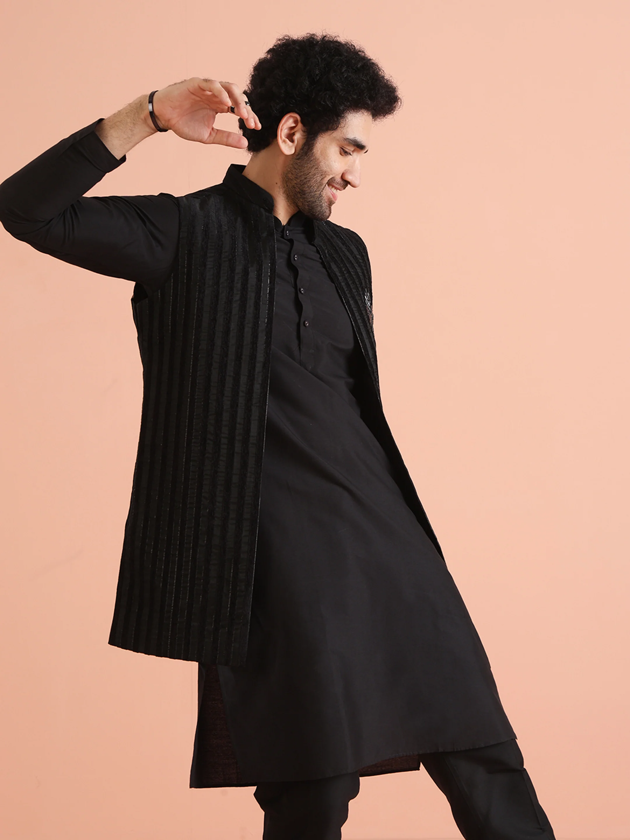 Black Striped Nehru Jacket Kurta Trouser - Image 8