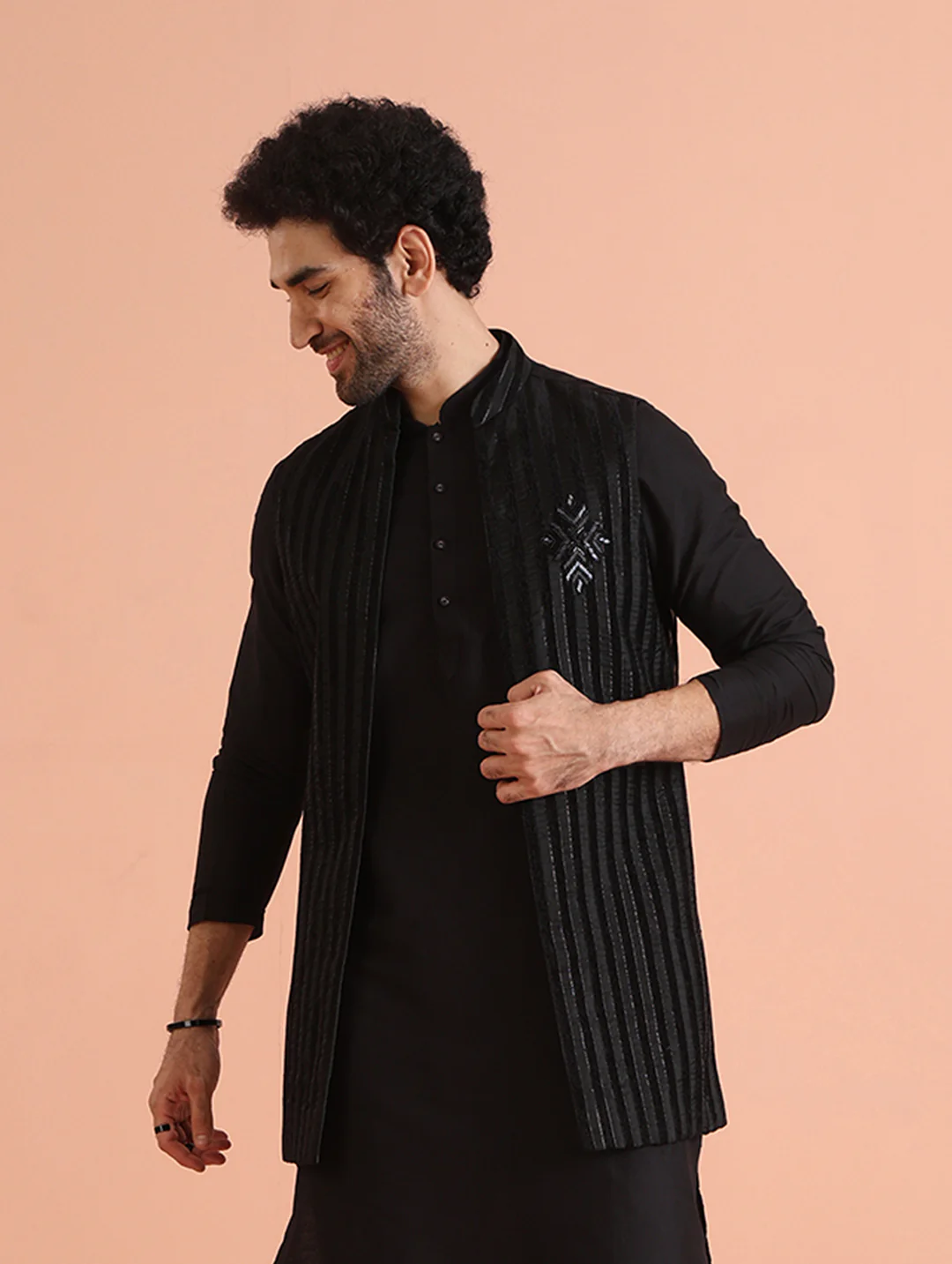 Black Velvet Metallic Front Open Long Jacket
