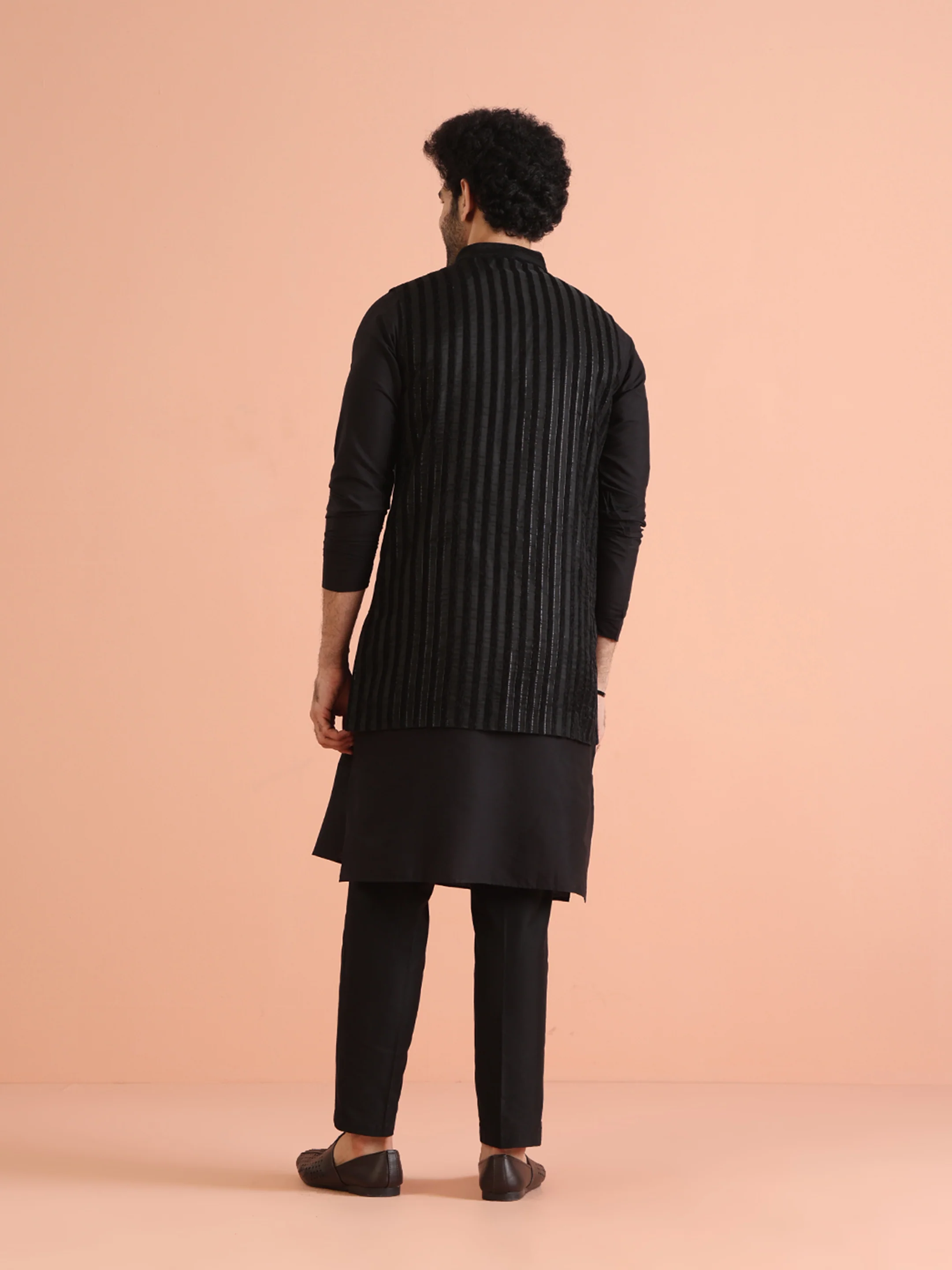 Black Velvet Metallic Front Open Long Jacket - Image 4