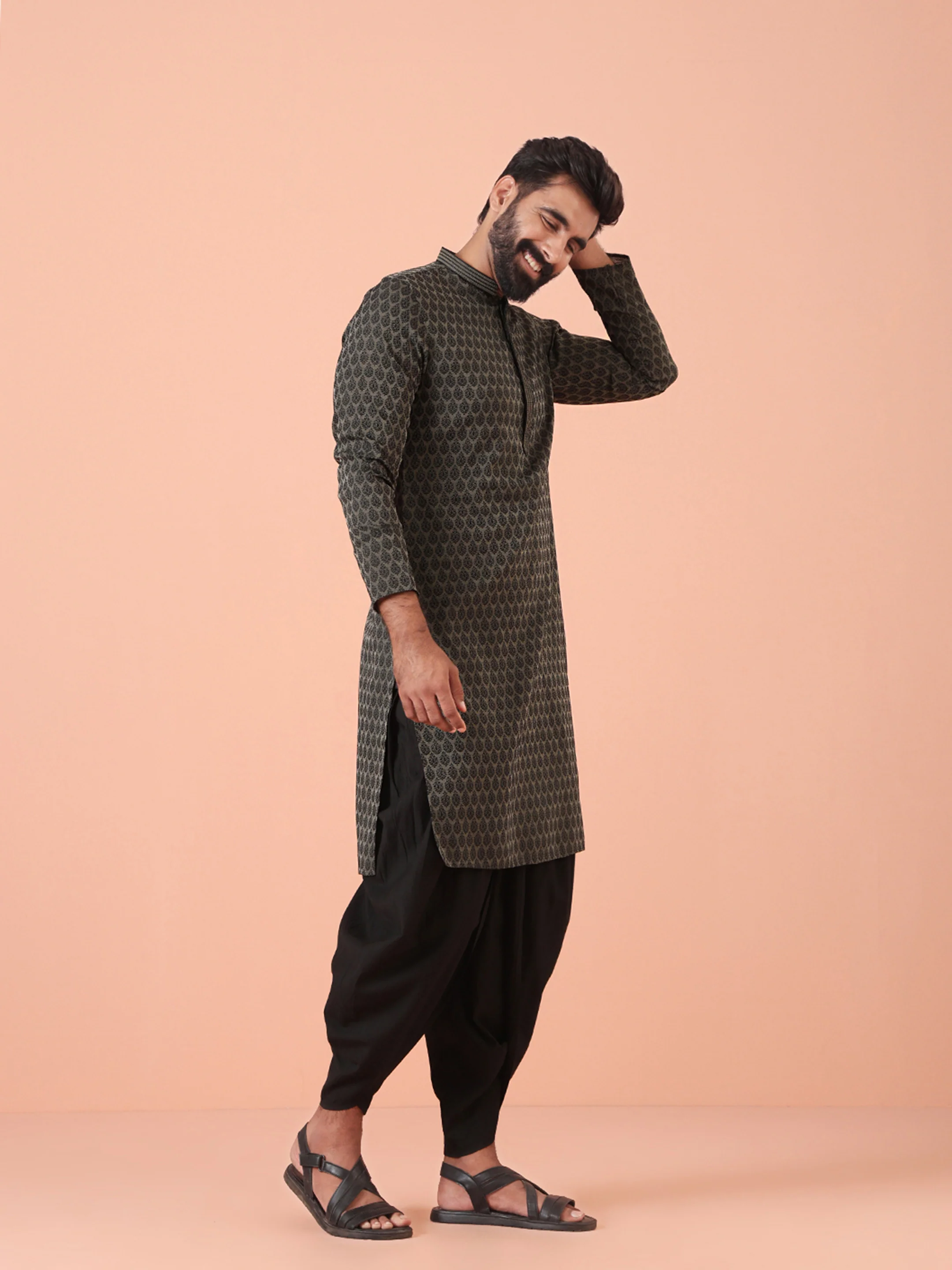 Men Black Woven Design Kurta Dhoti Pants Set - Image 3
