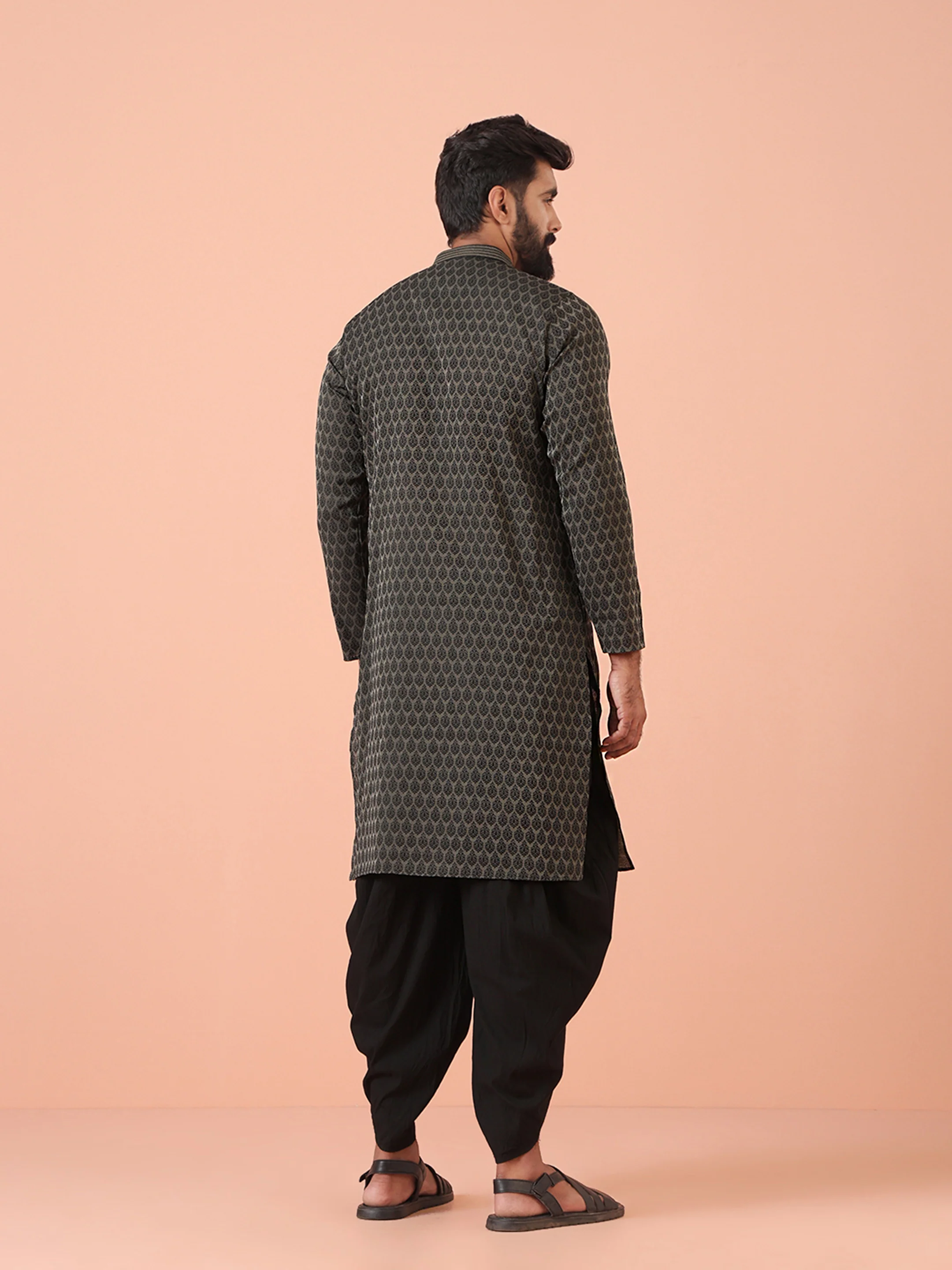 Men Black Woven Design Kurta Dhoti Pants Set - Image 4